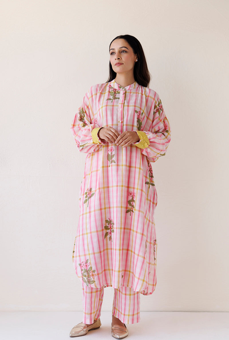 Pink Loose Fit Gather Blush Kurta Set