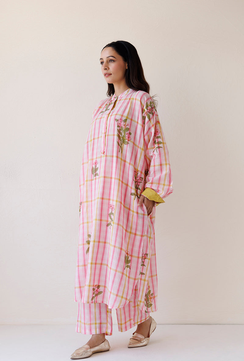Pink Loose Fit Gather Blush Kurta Set