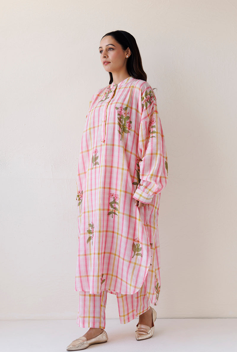 Pink Loose Fit Gather Blush Kurta Set