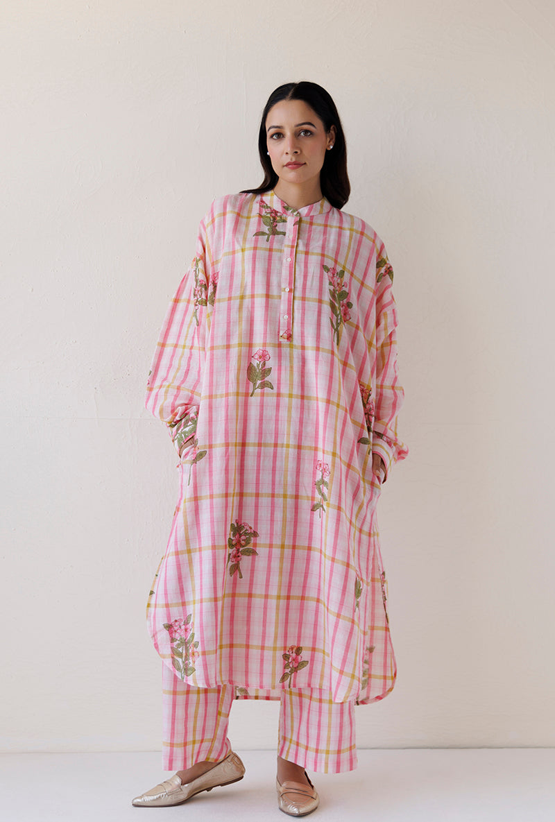 Pink Loose Fit Gather Blush Kurta Set