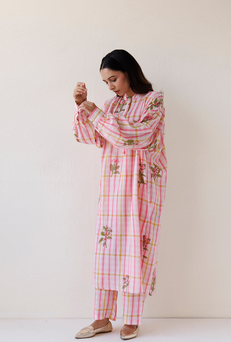 Pink Loose Fit Gather Blush Kurta Set
