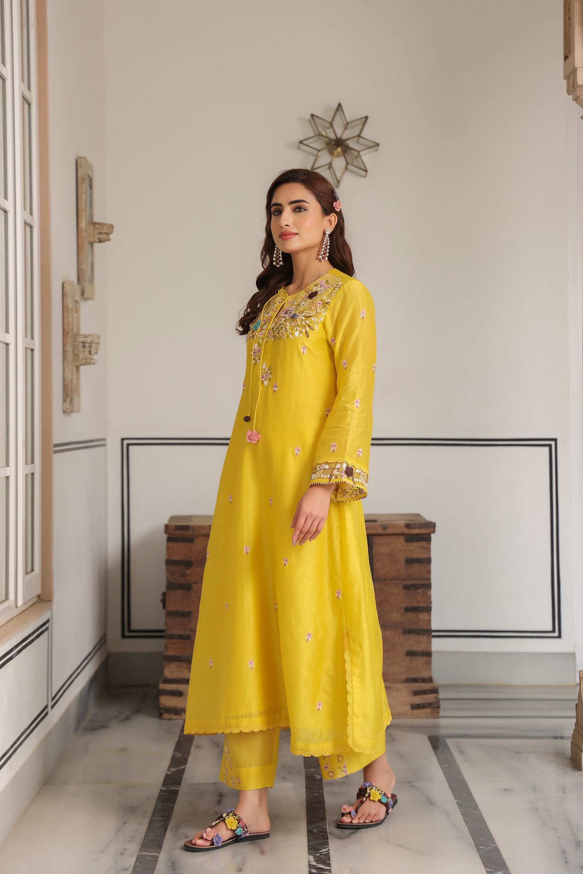 Yellow Choker Neck Reet Kurta Set