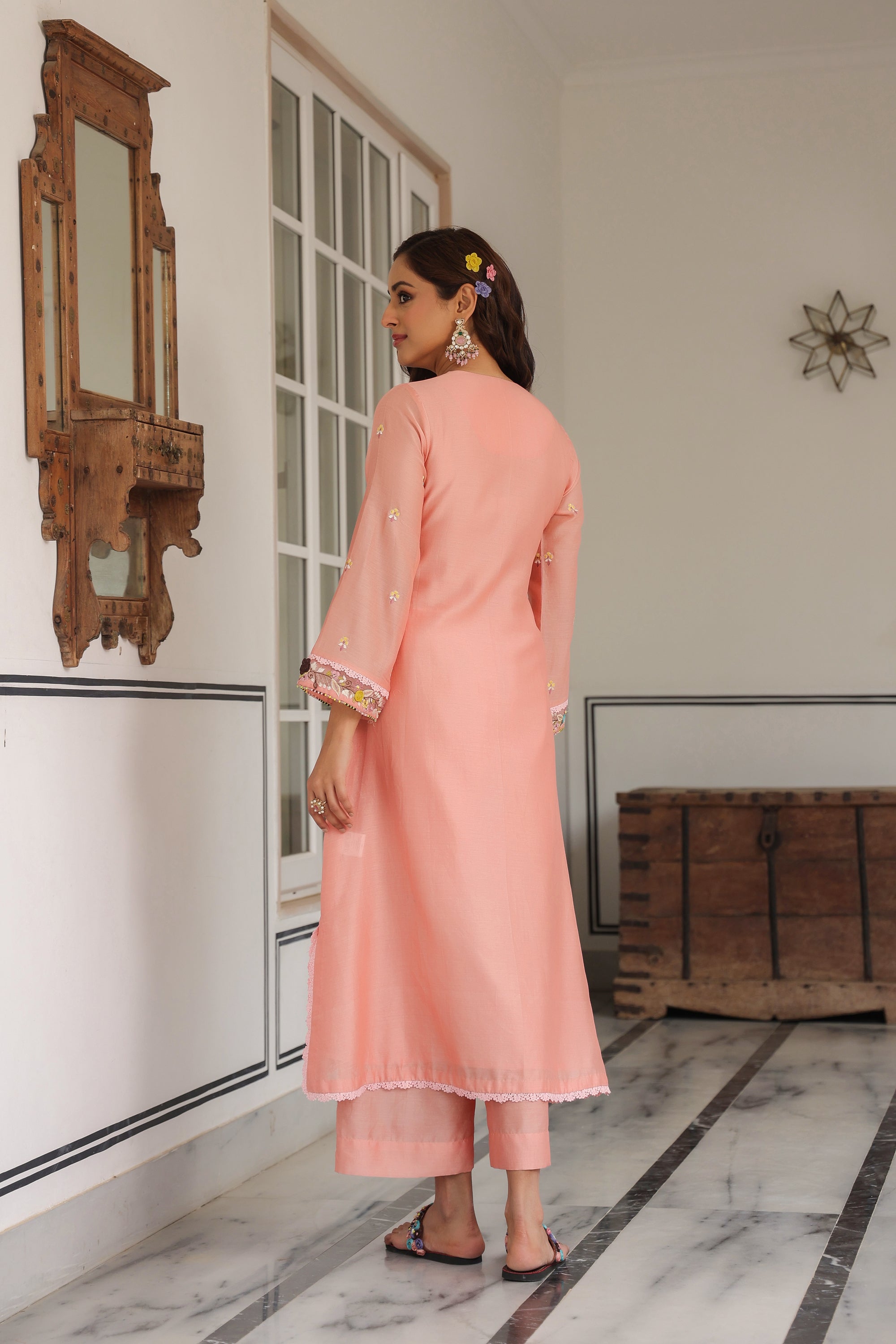 Peach Choker Neck Reet Kurta Set