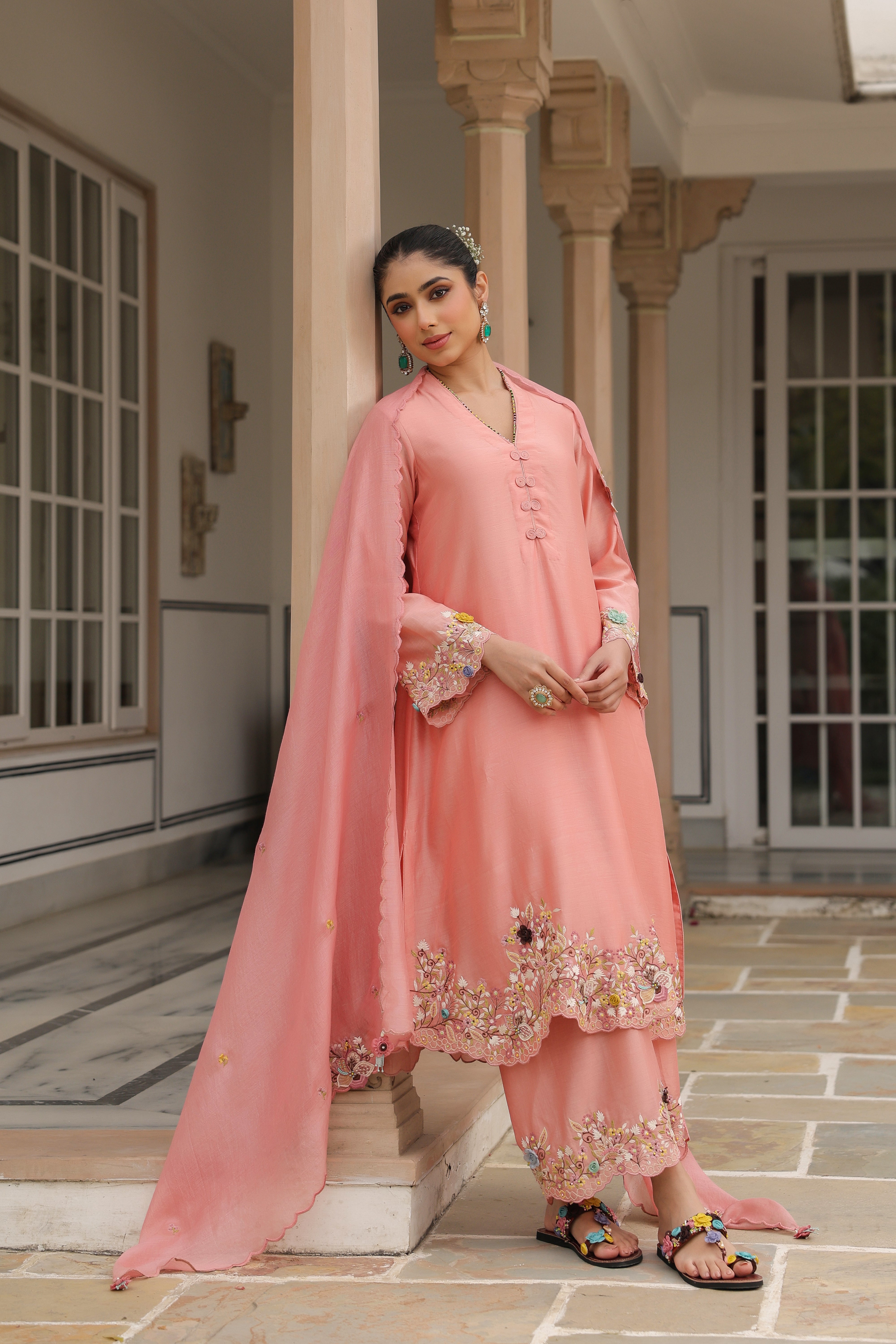 Peach Scallop Reet Kurta Set