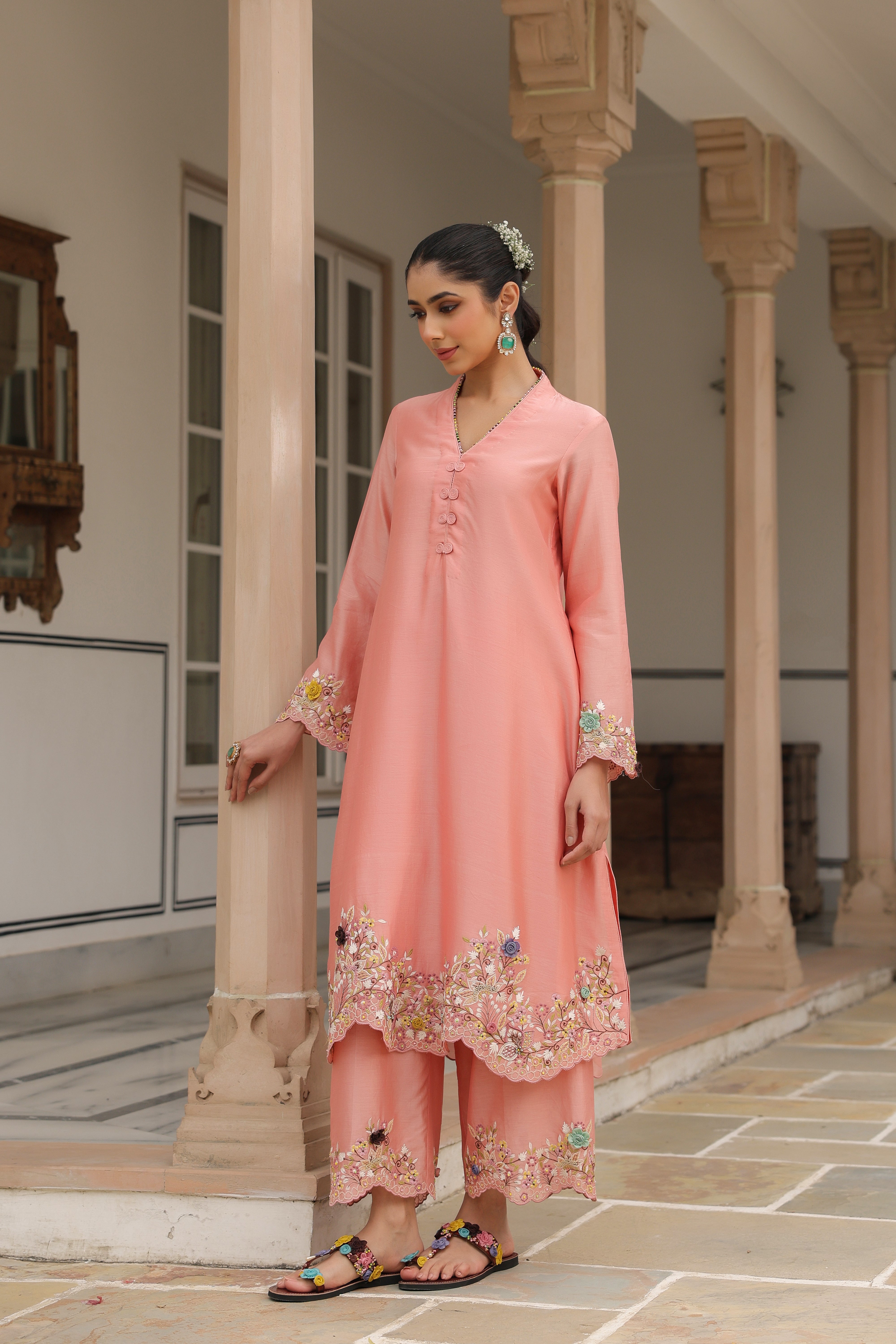 Peach Scallop Reet Kurta Set
