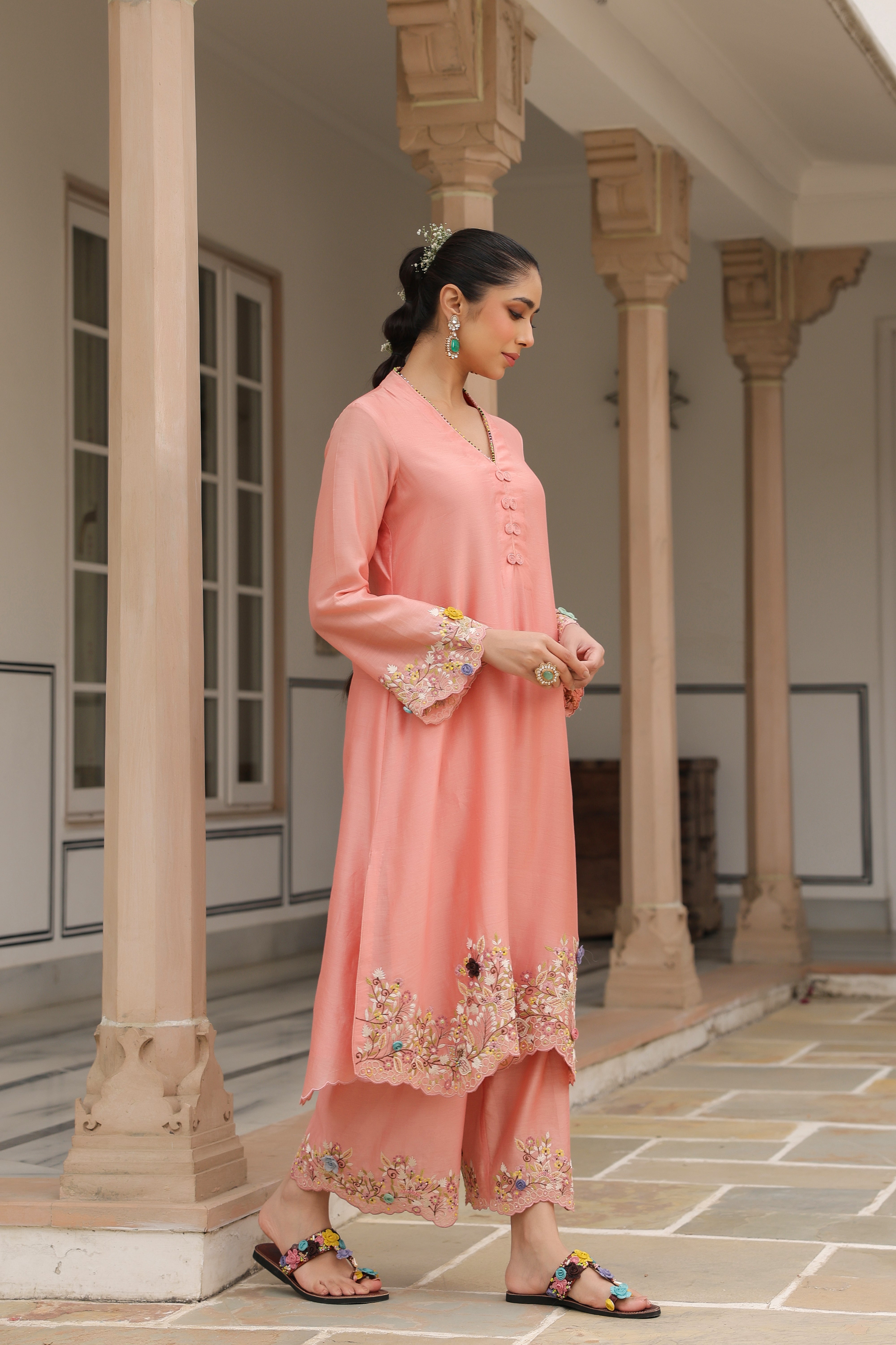 Peach Scallop Reet Kurta Set