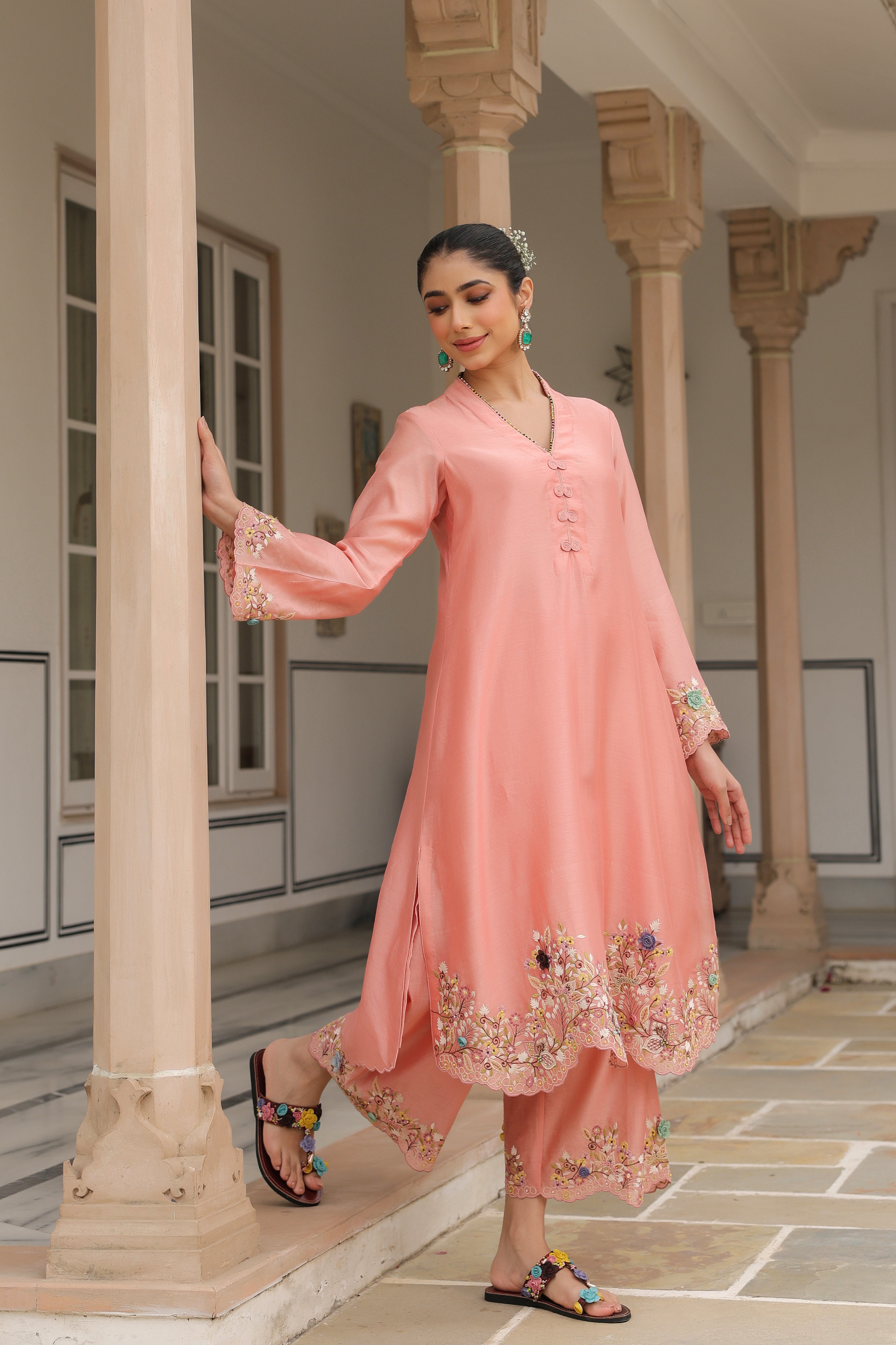 Peach Scallop Reet Kurta Set