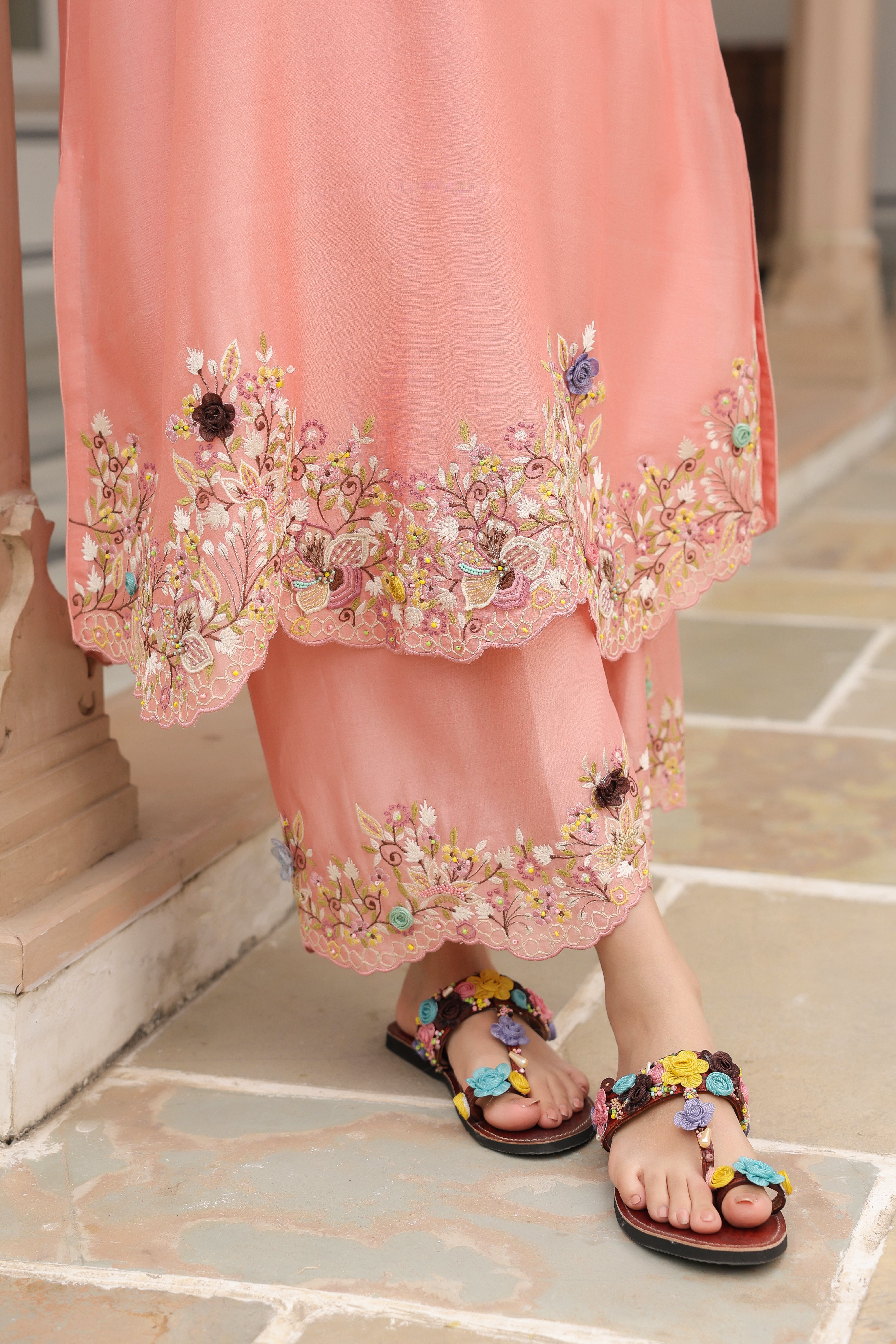 Peach Scallop Reet Kurta Set