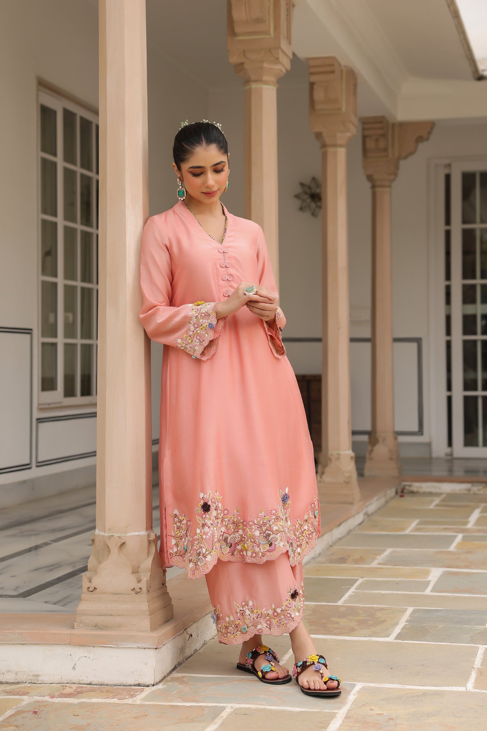 Peach Scallop Reet Kurta Set