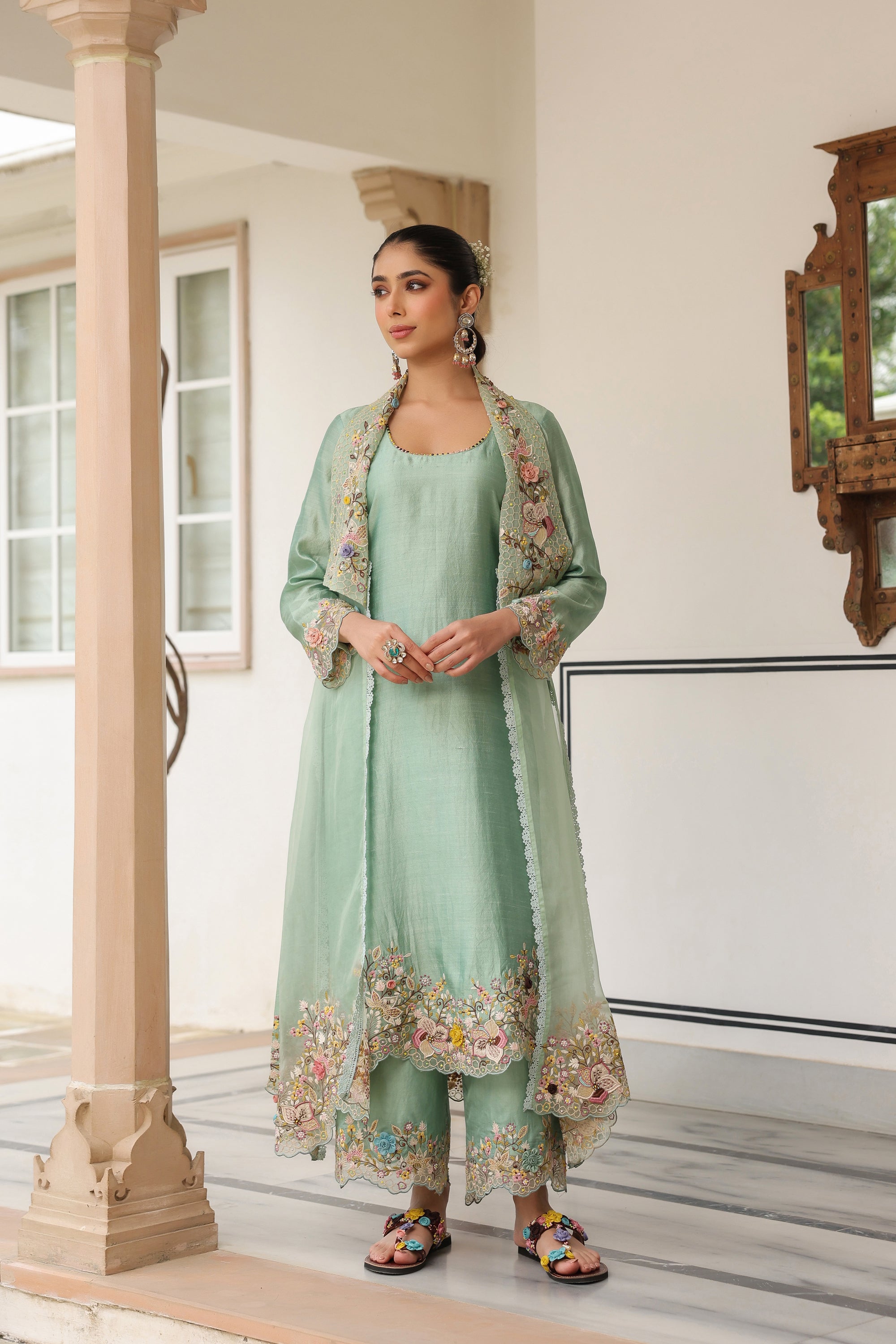 Green Heavy Jacket Style Reet Kurta Set