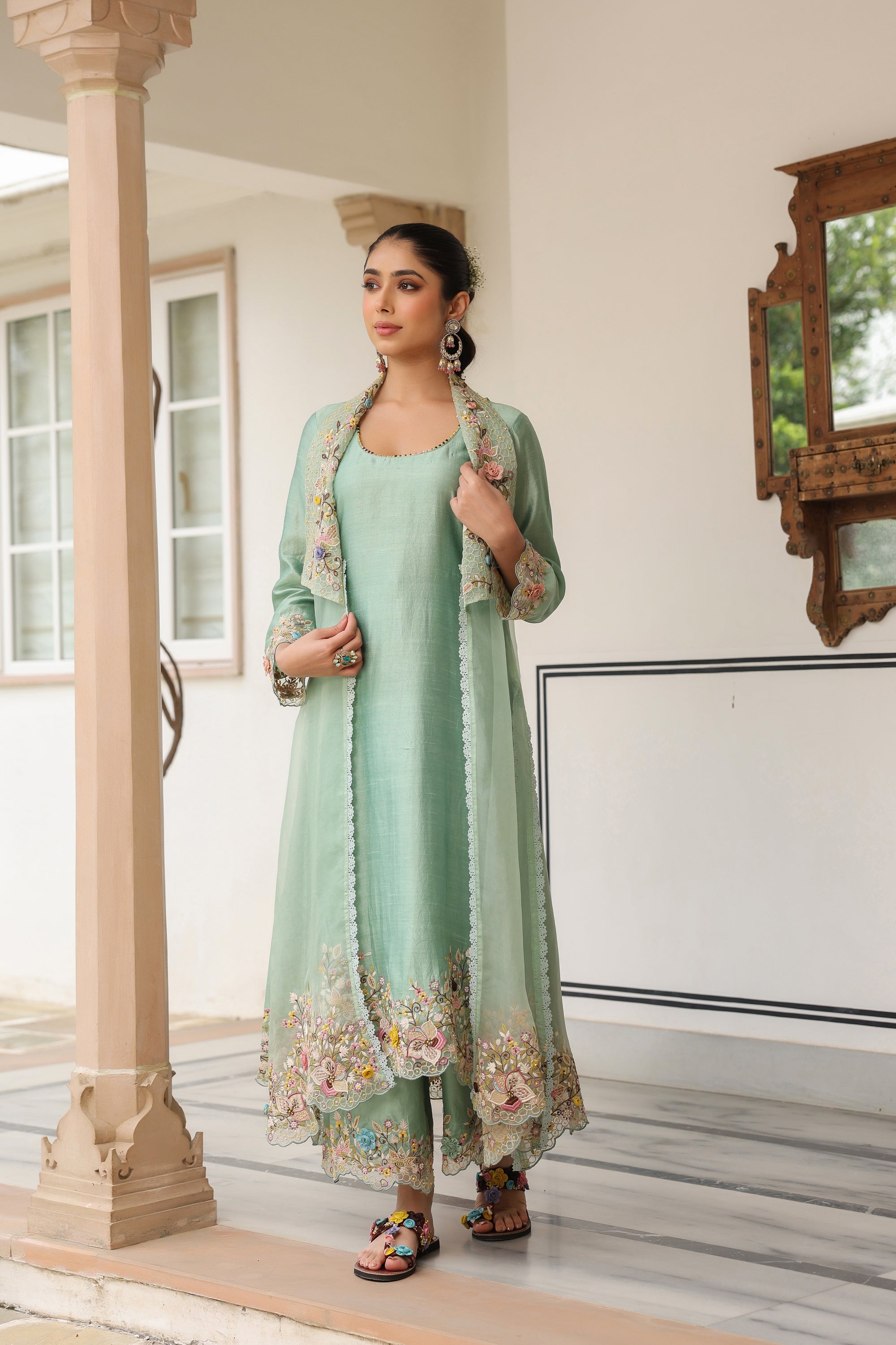 Green Heavy Jacket Style Reet Kurta Set