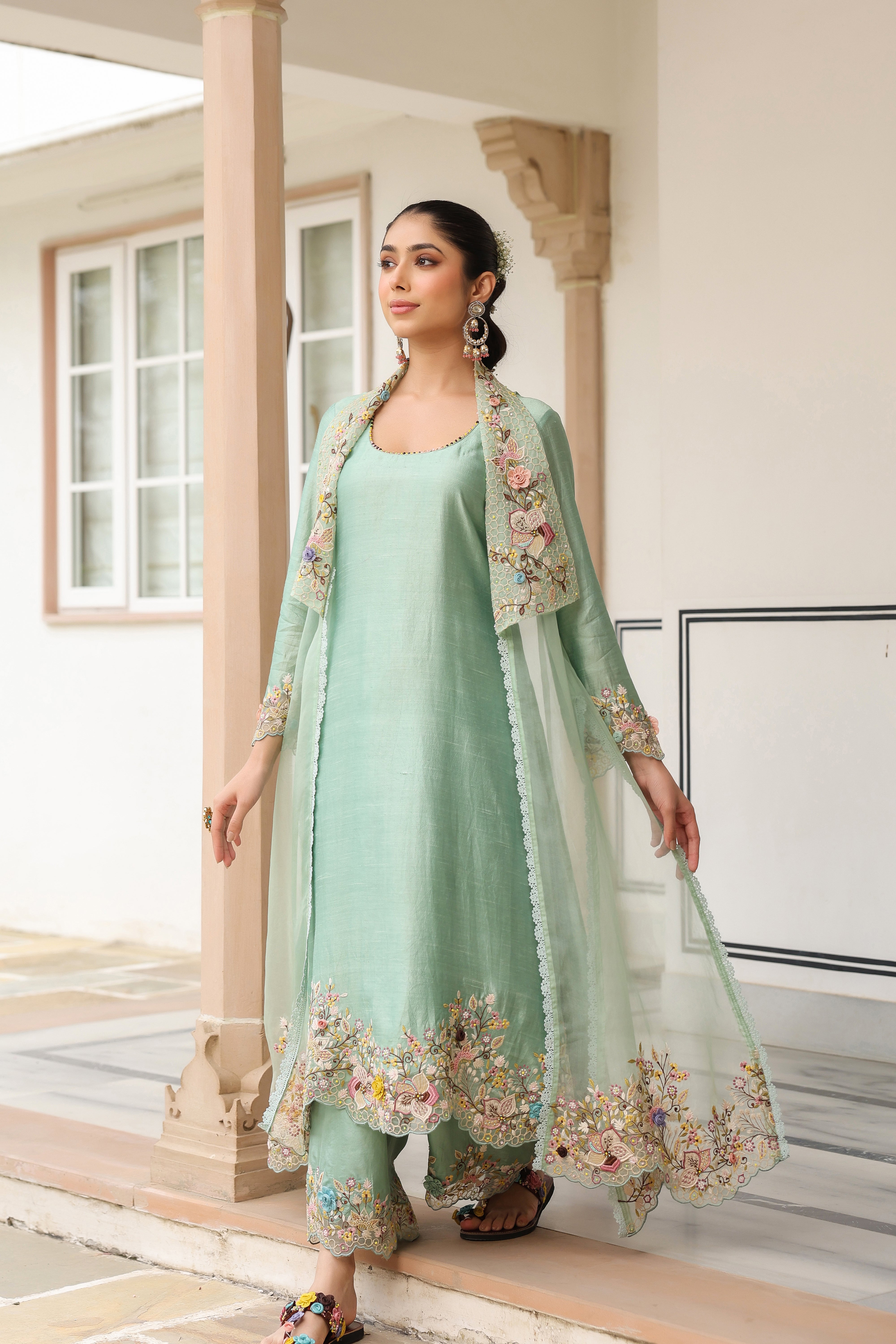 Green Heavy Jacket Style Reet Kurta Set