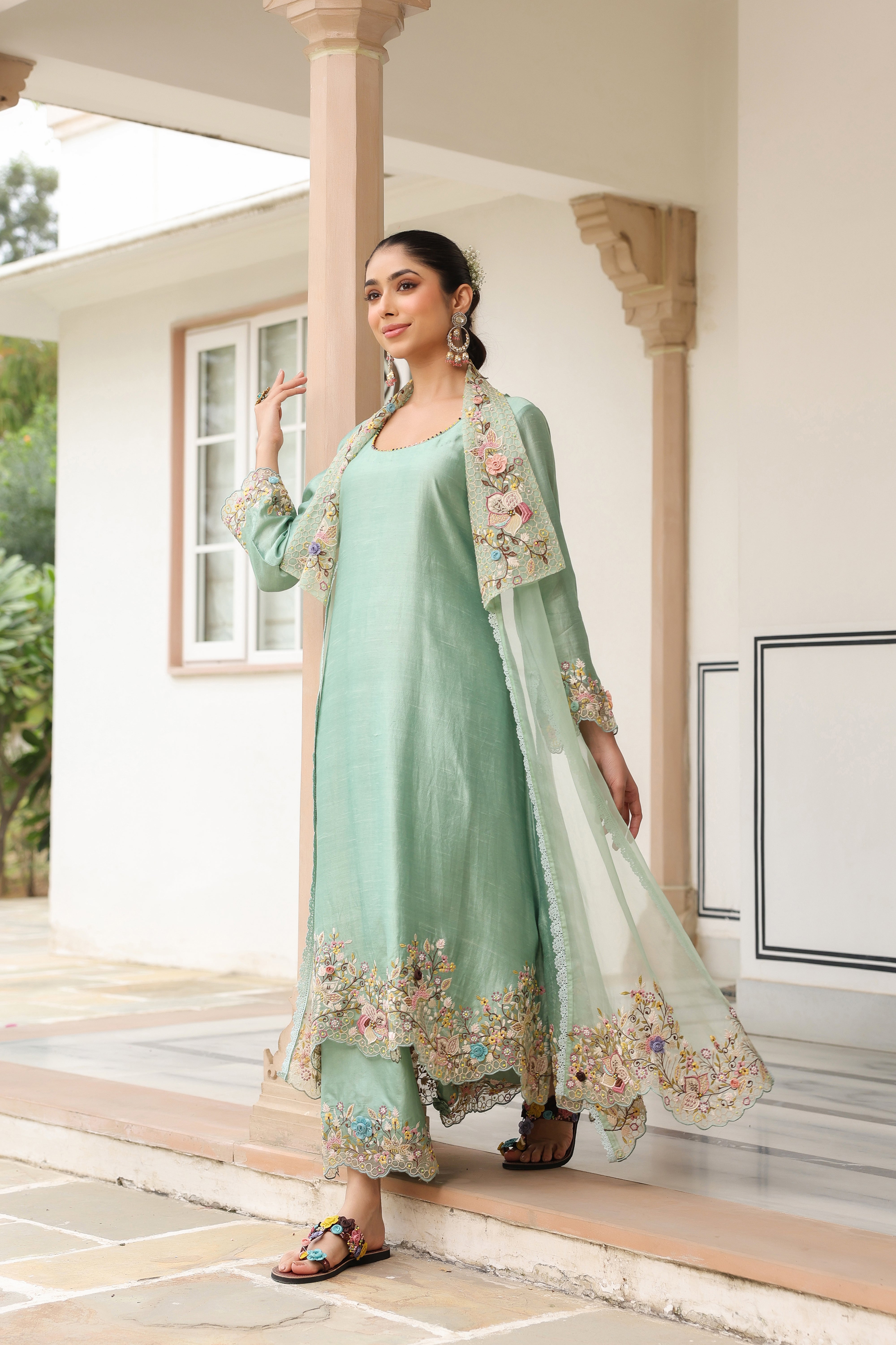 Green Heavy Jacket Style Reet Kurta Set