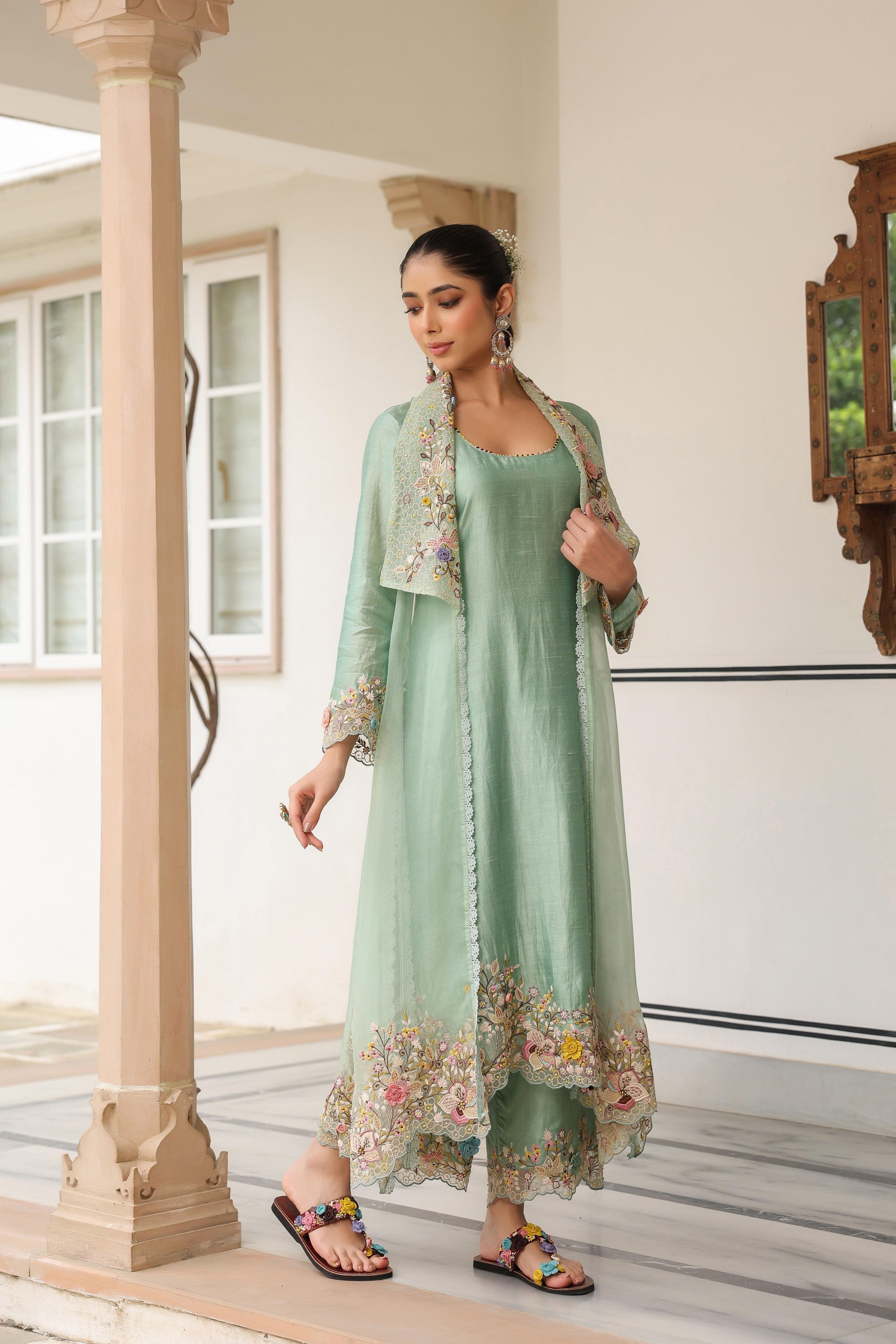 Green Heavy Jacket Style Reet Kurta Set