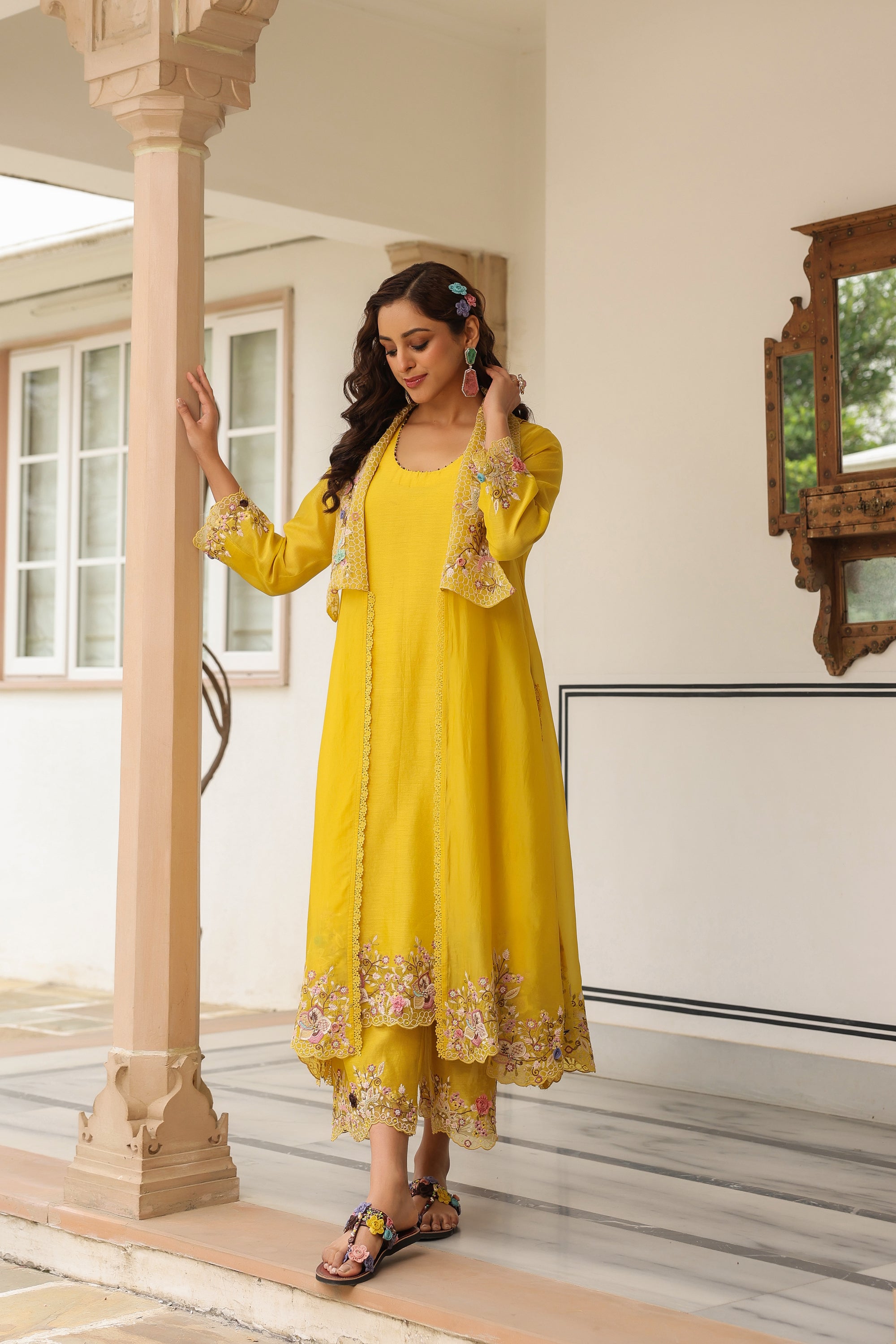 Yellow Heavy Jacket Style Reet Kurta Set