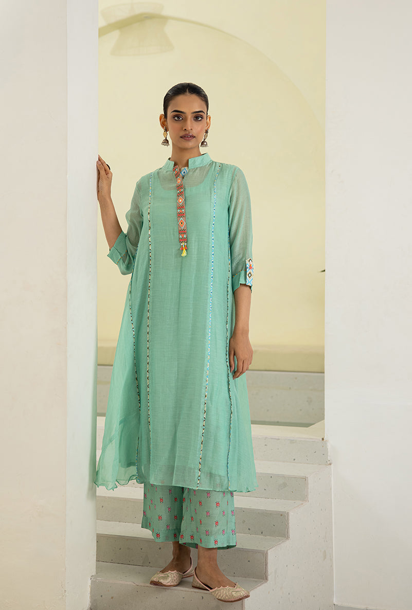 Sea Green Collar A-line Reyah Kurta Set