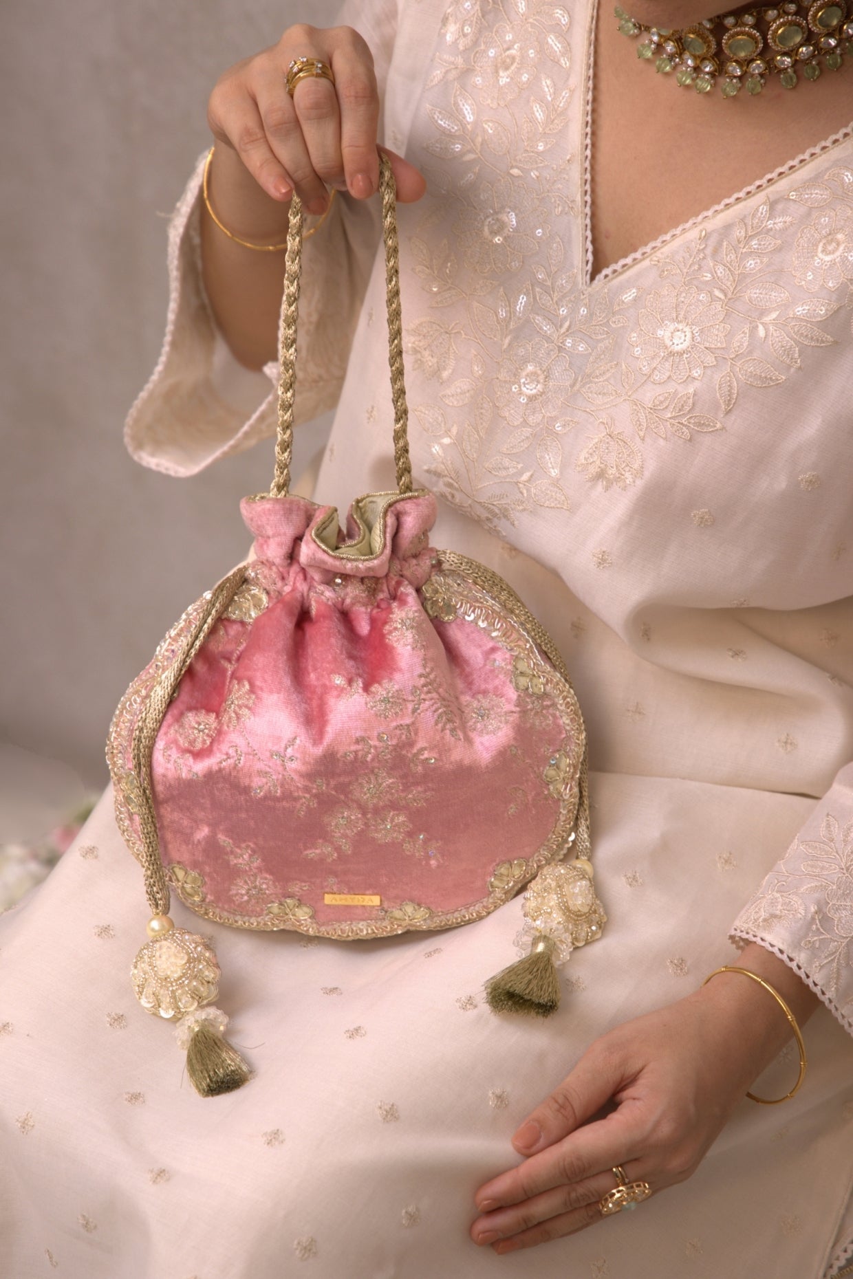 Pink Suki Velvet Scallop Embroidered Potli