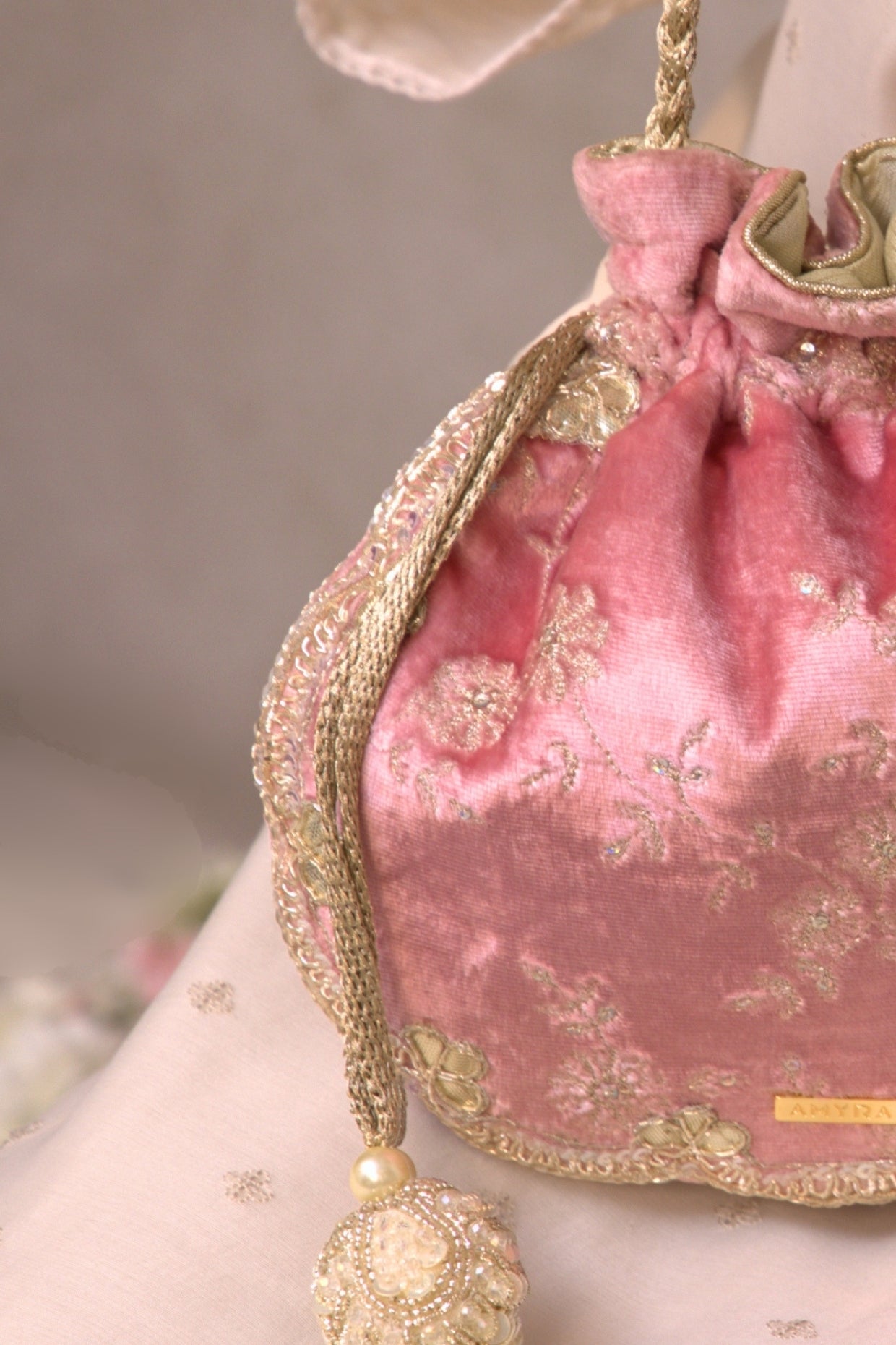 Pink Suki Velvet Scallop Embroidered Potli