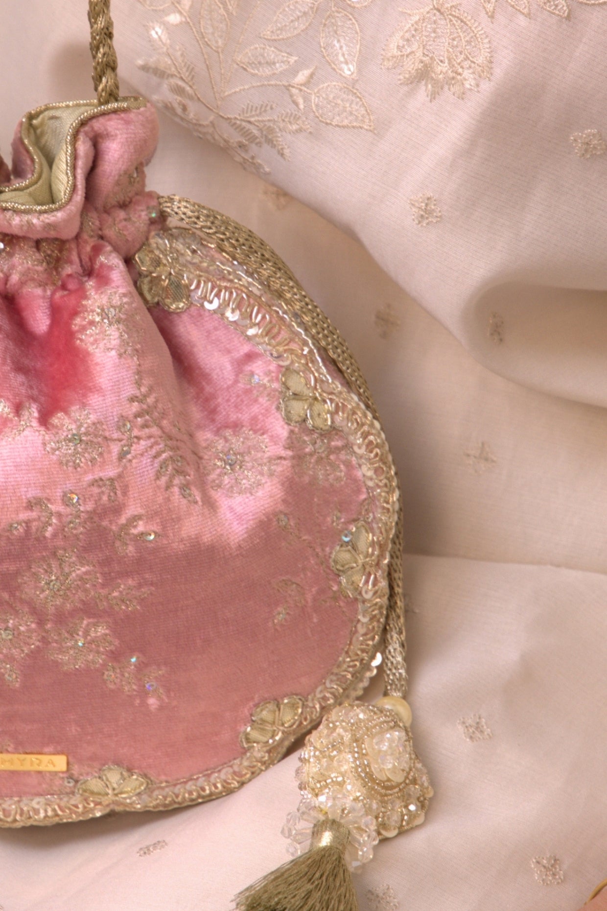 Pink Suki Velvet Scallop Embroidered Potli