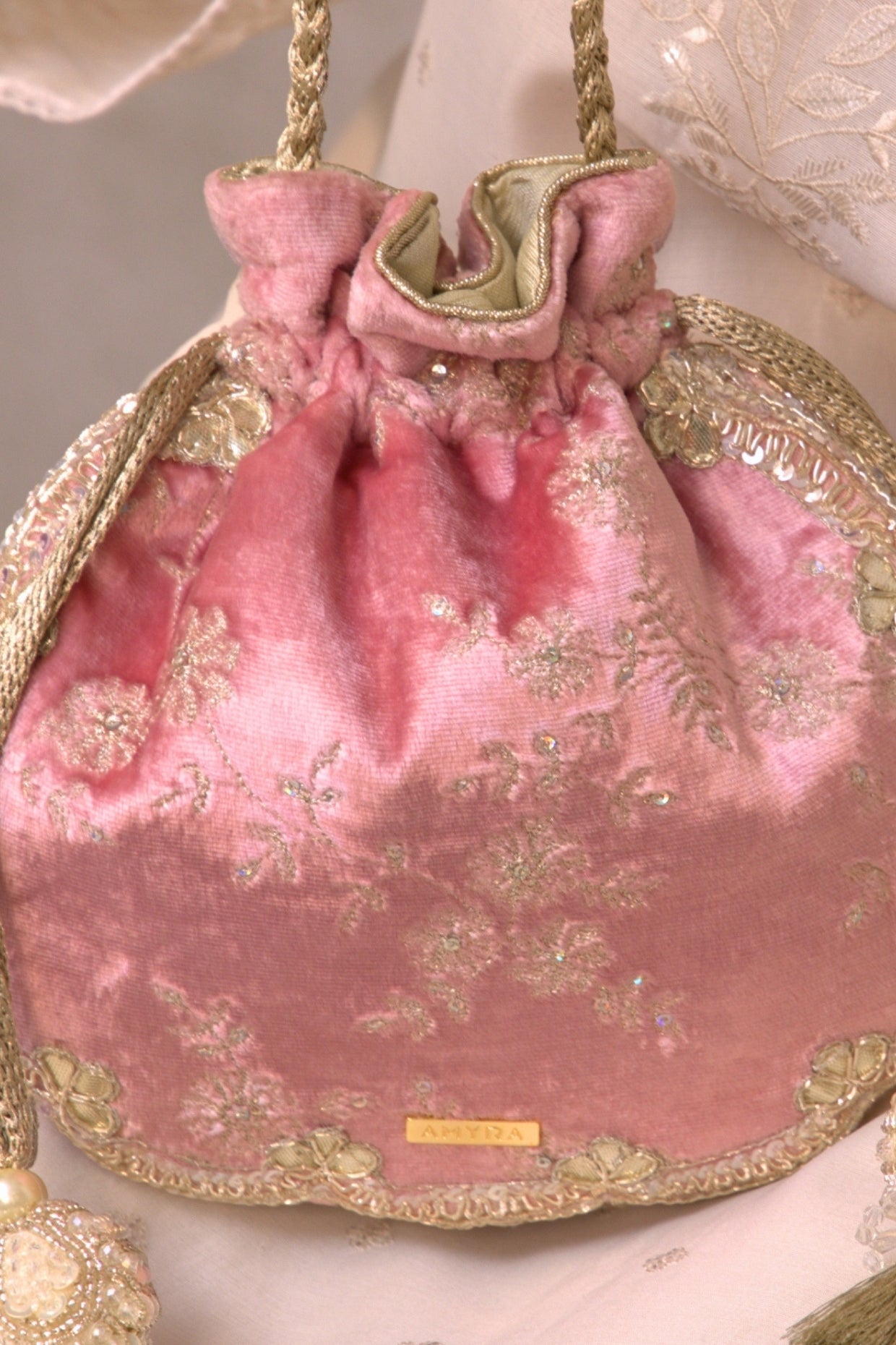 Pink Suki Velvet Scallop Embroidered Potli