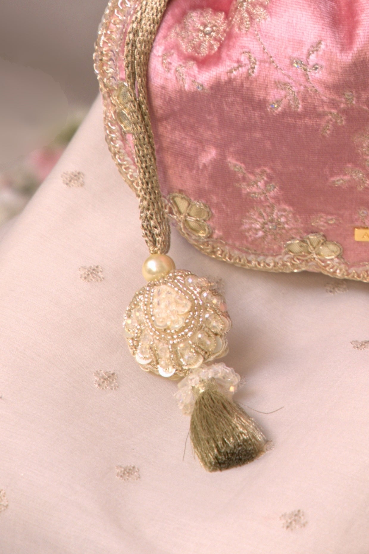 Pink Suki Velvet Scallop Embroidered Potli