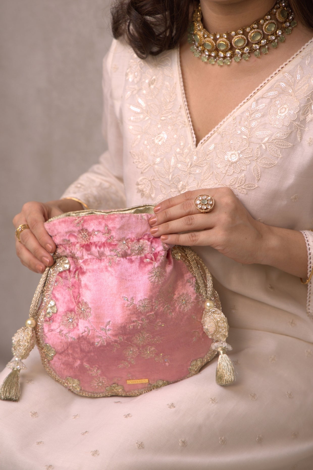 Pink Suki Velvet Scallop Embroidered Potli