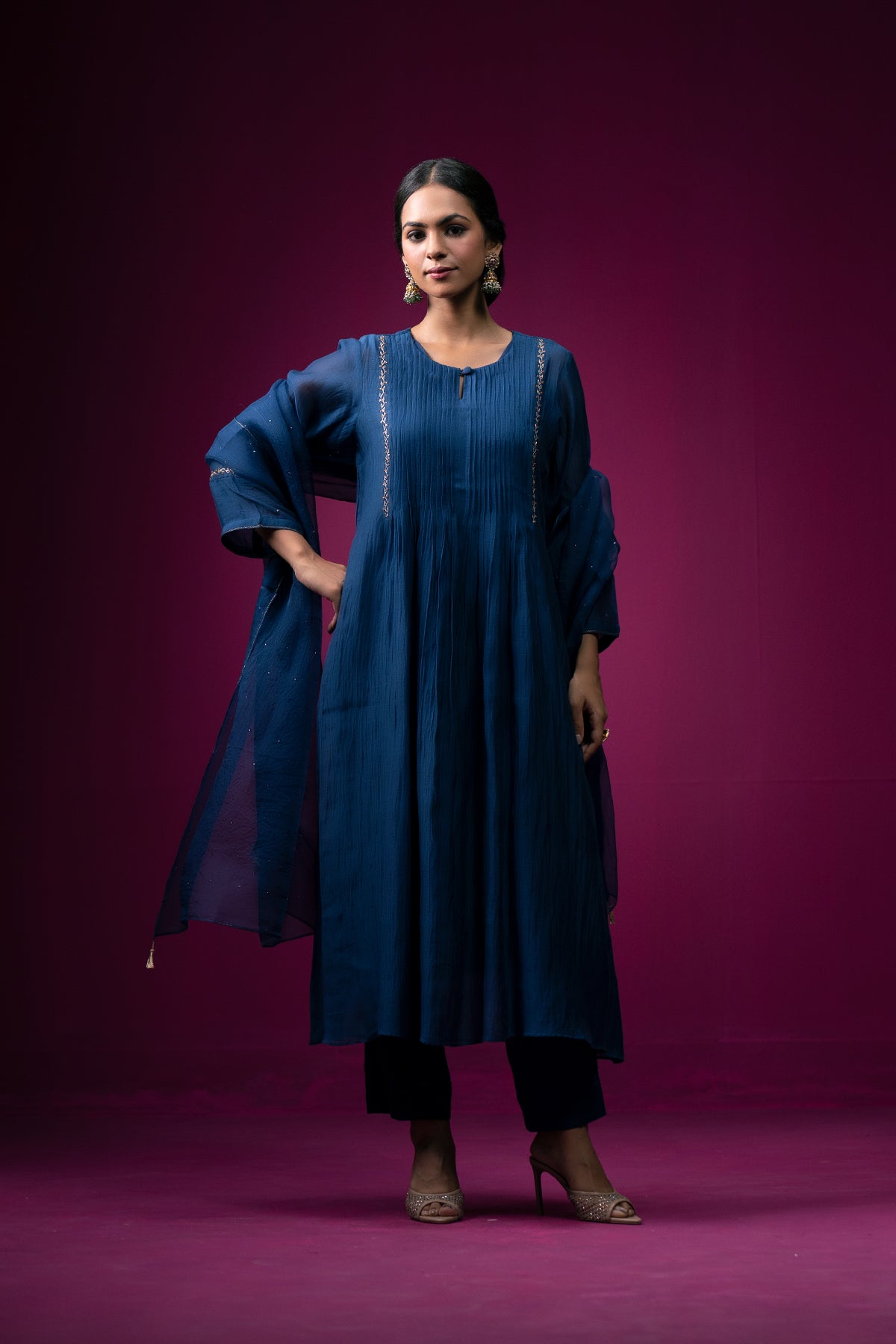 Navy Blue Embrodeired Front Gather Raas Kurta Set
