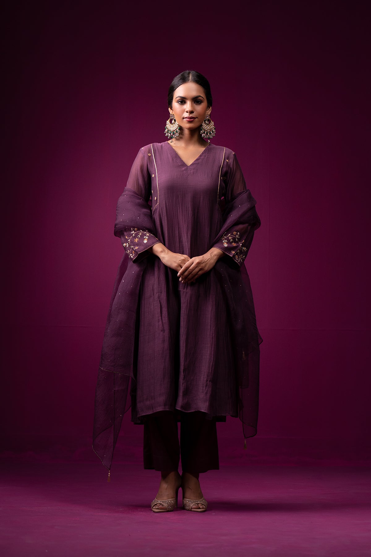 Deep Plum Embrodeired  Sleeves Raas Kurta Set