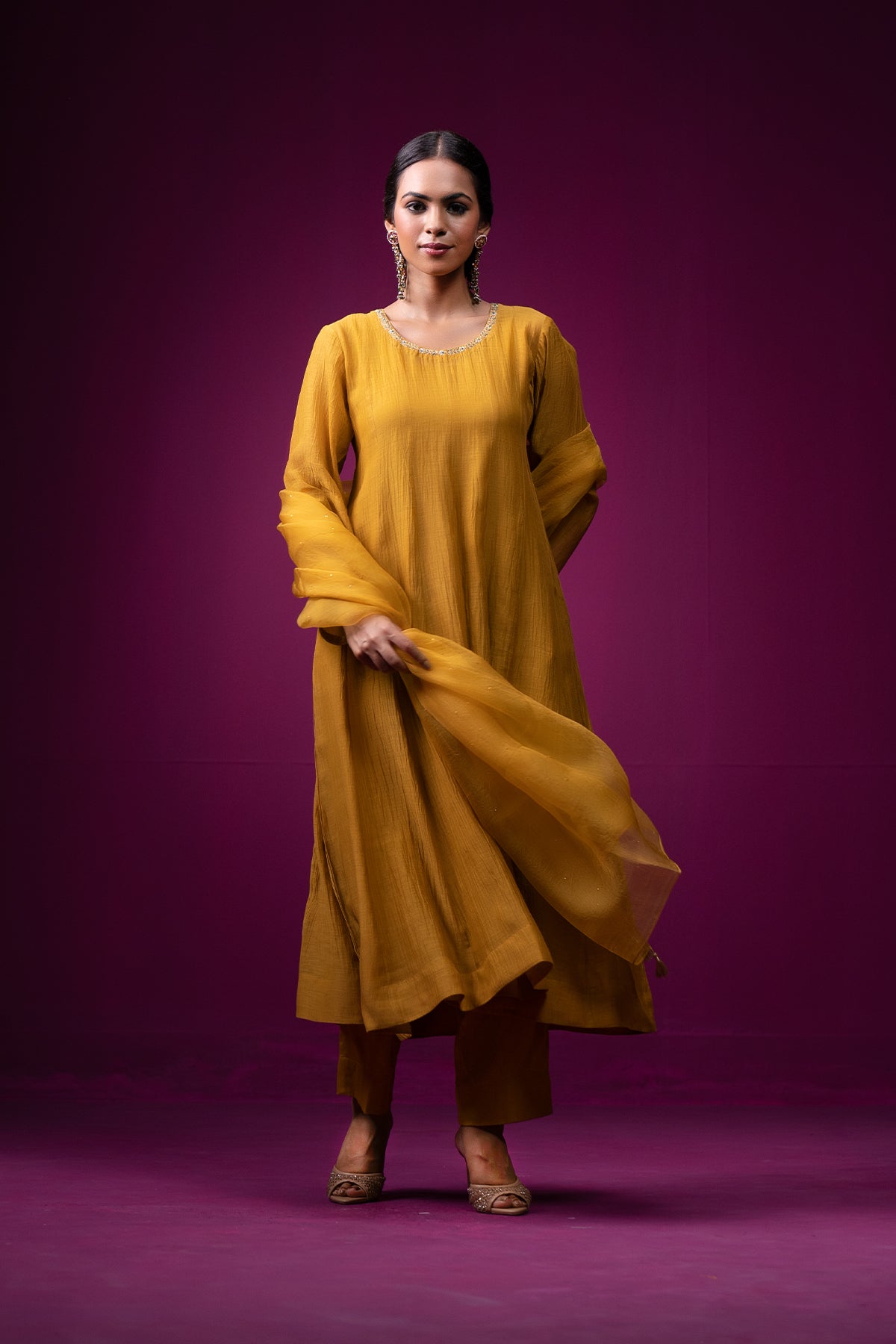 Mustard Yellow Hand Embroidered Raas Anarkali Set