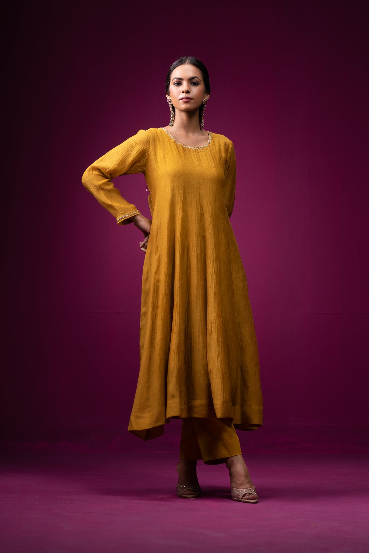 Mustard Yellow Hand Embroidered Raas Anarkali Set