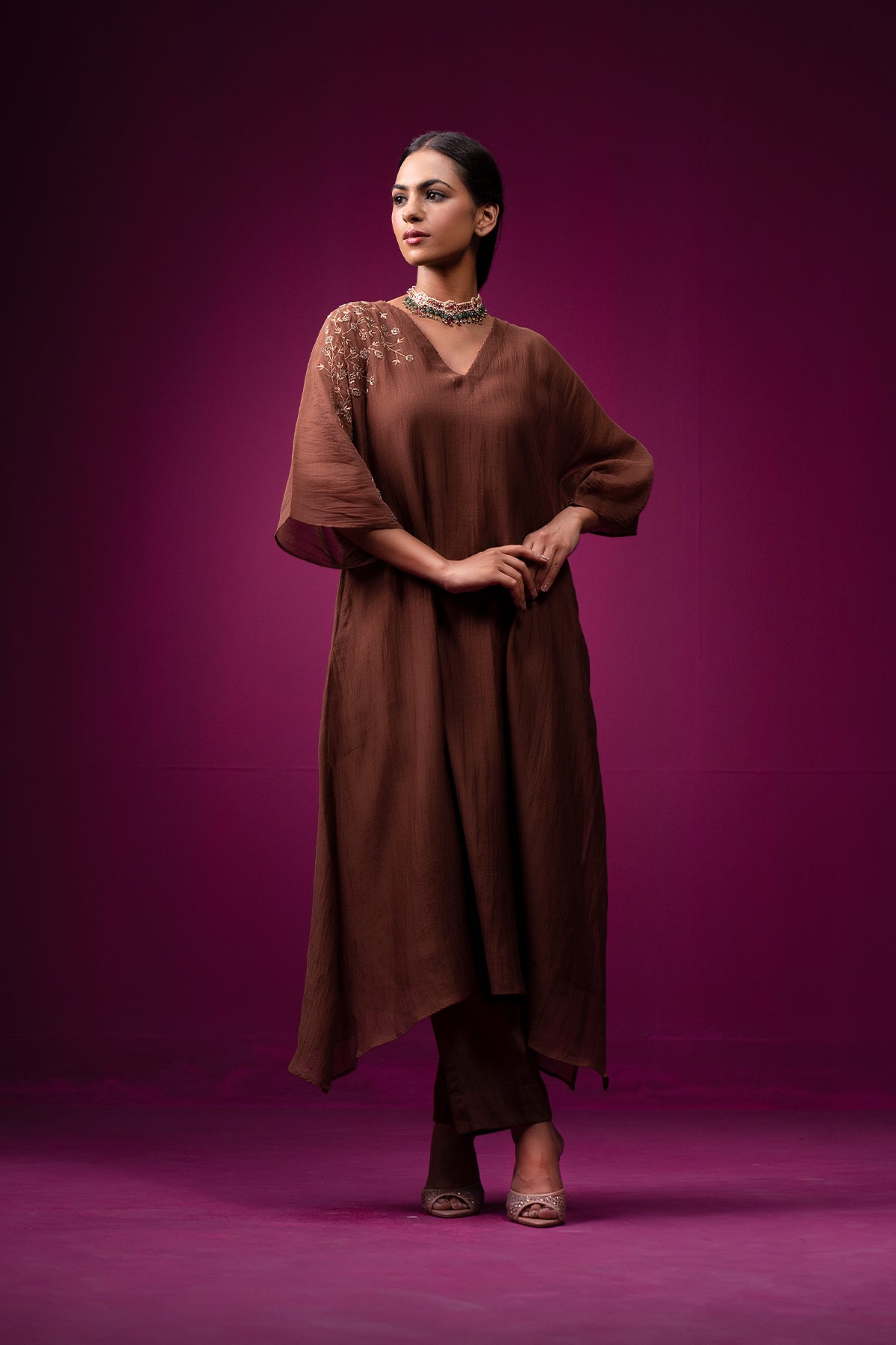 Brown Embroidered Shoulder Anti Fit Raas Kaftan Set