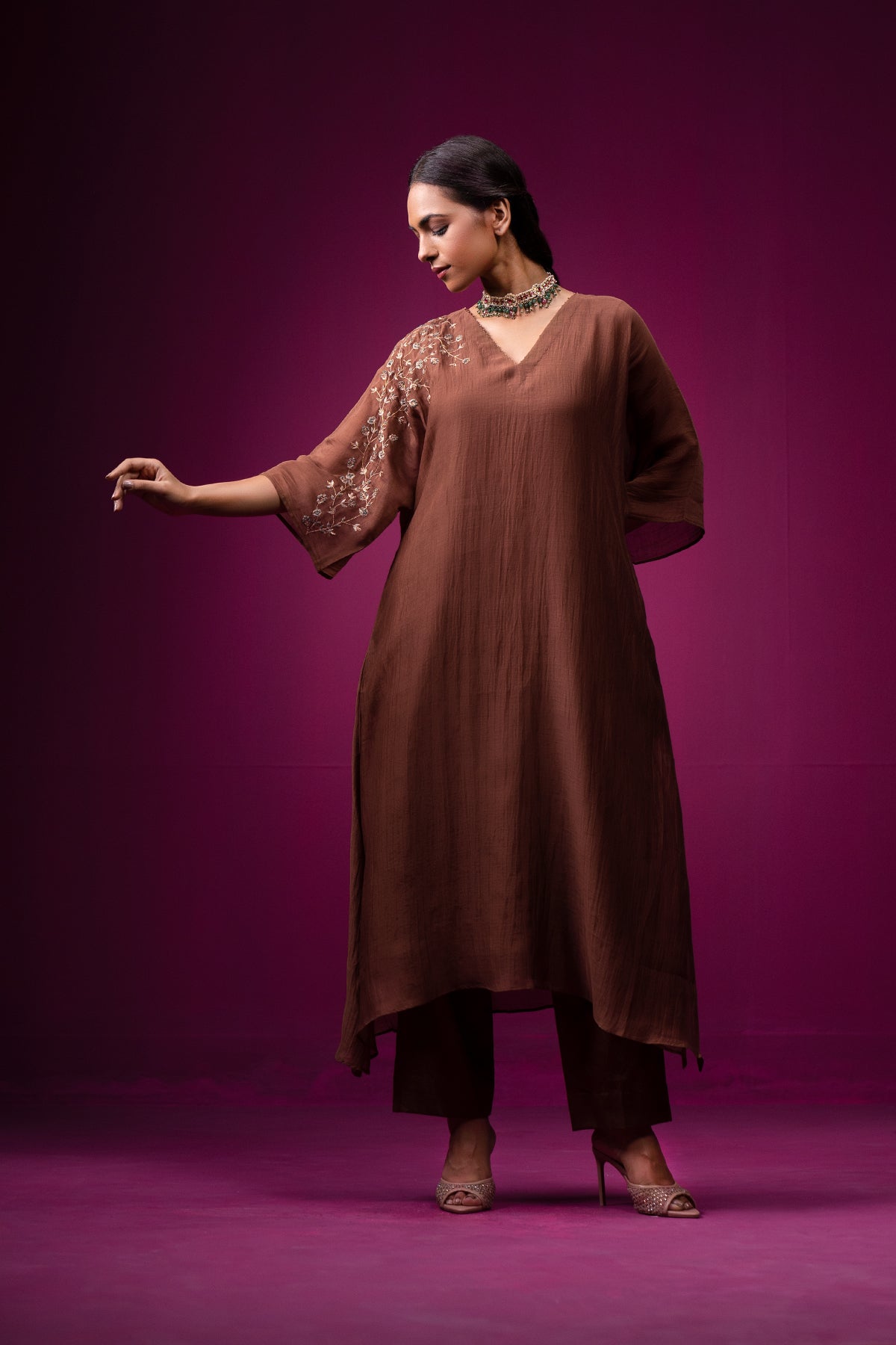 Brown Embroidered Shoulder Anti Fit Raas Kaftan Set