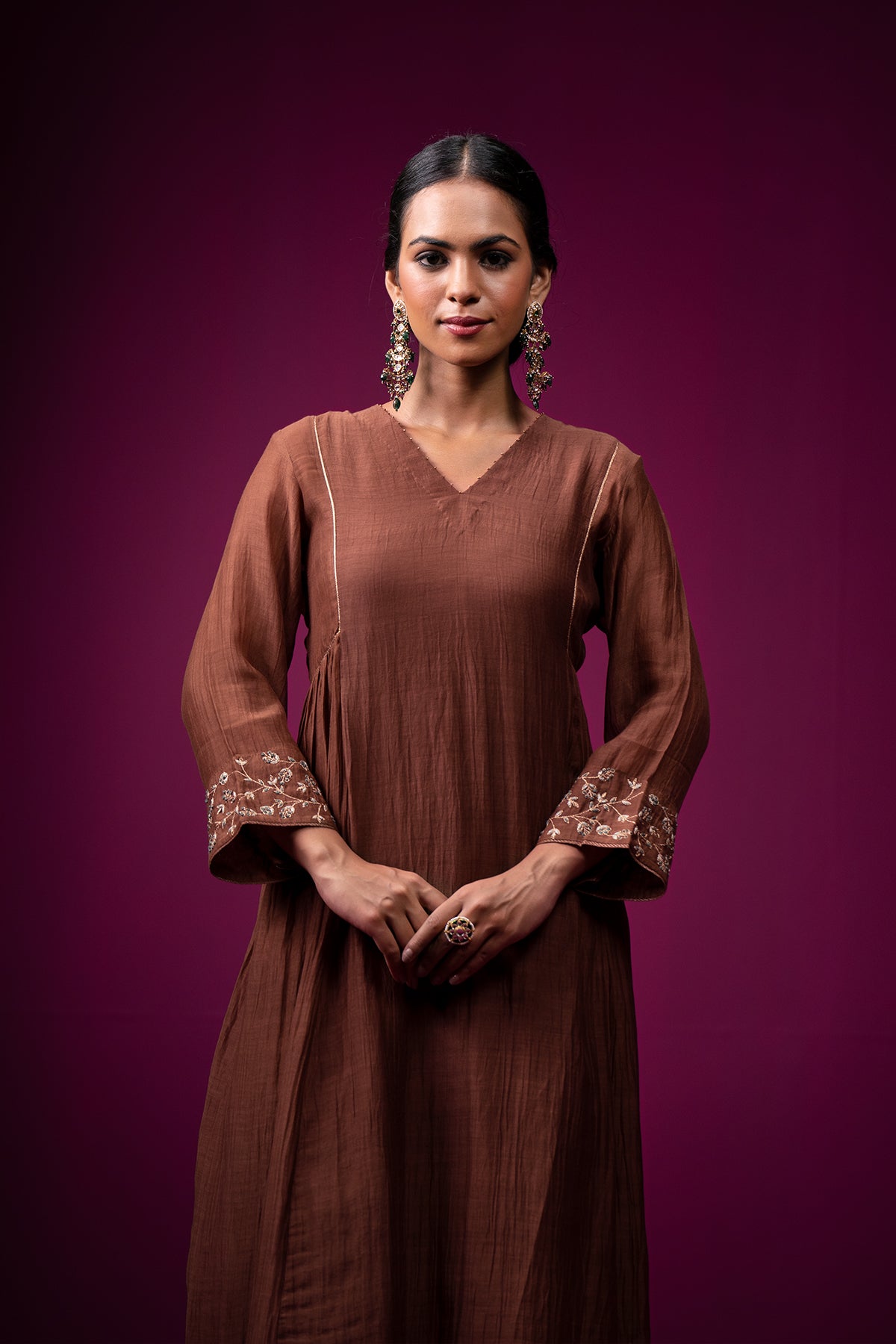 Brown Side Gather Raas Kurta Set