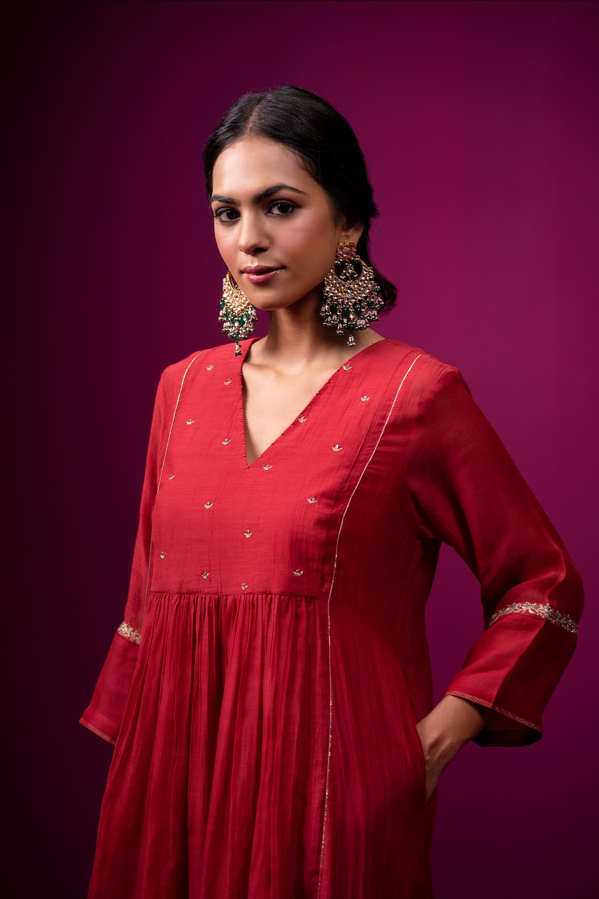 Red Front Gather Raas Kurta Set