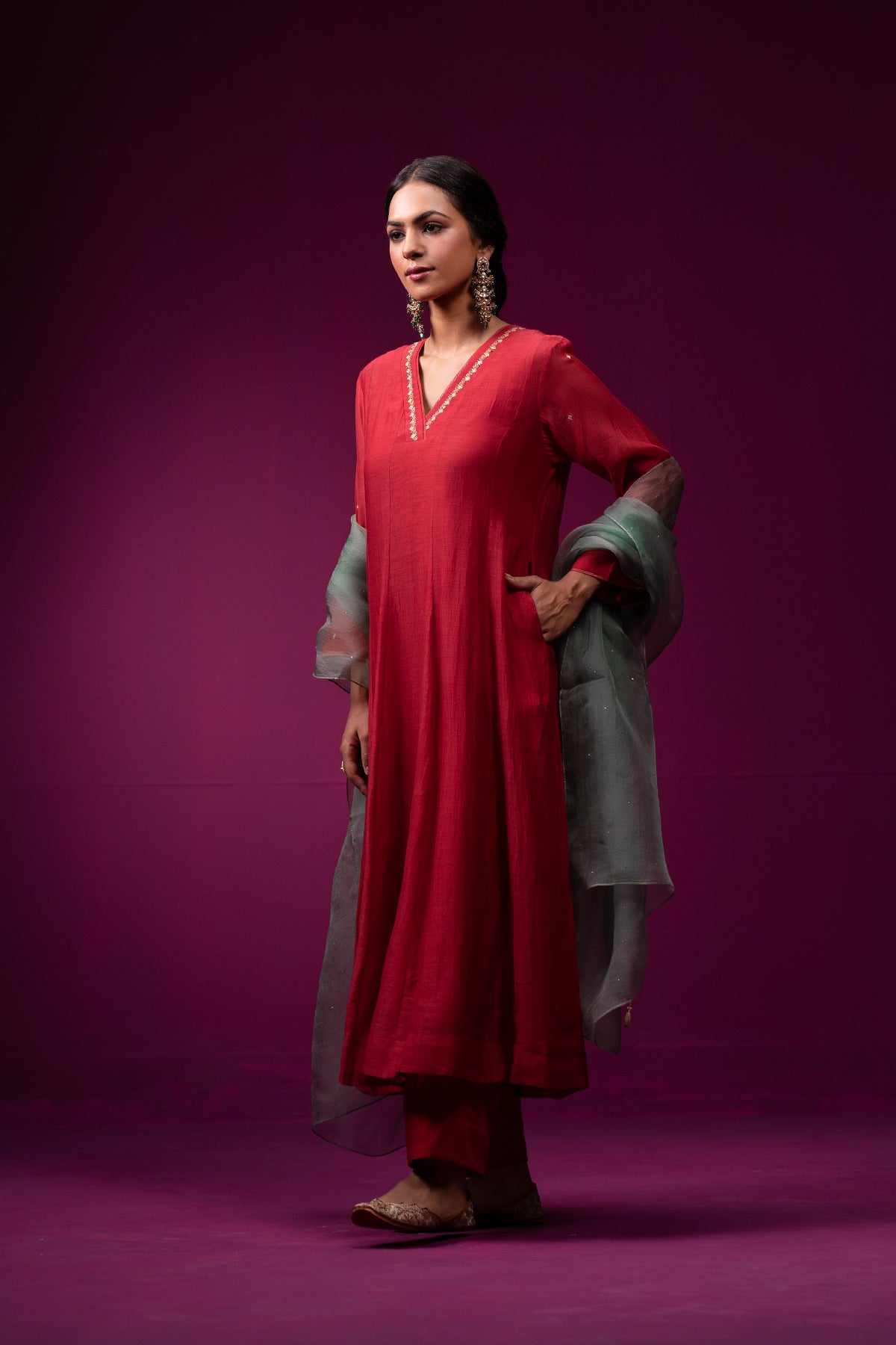 Red V-Neck Raas Kurta Set