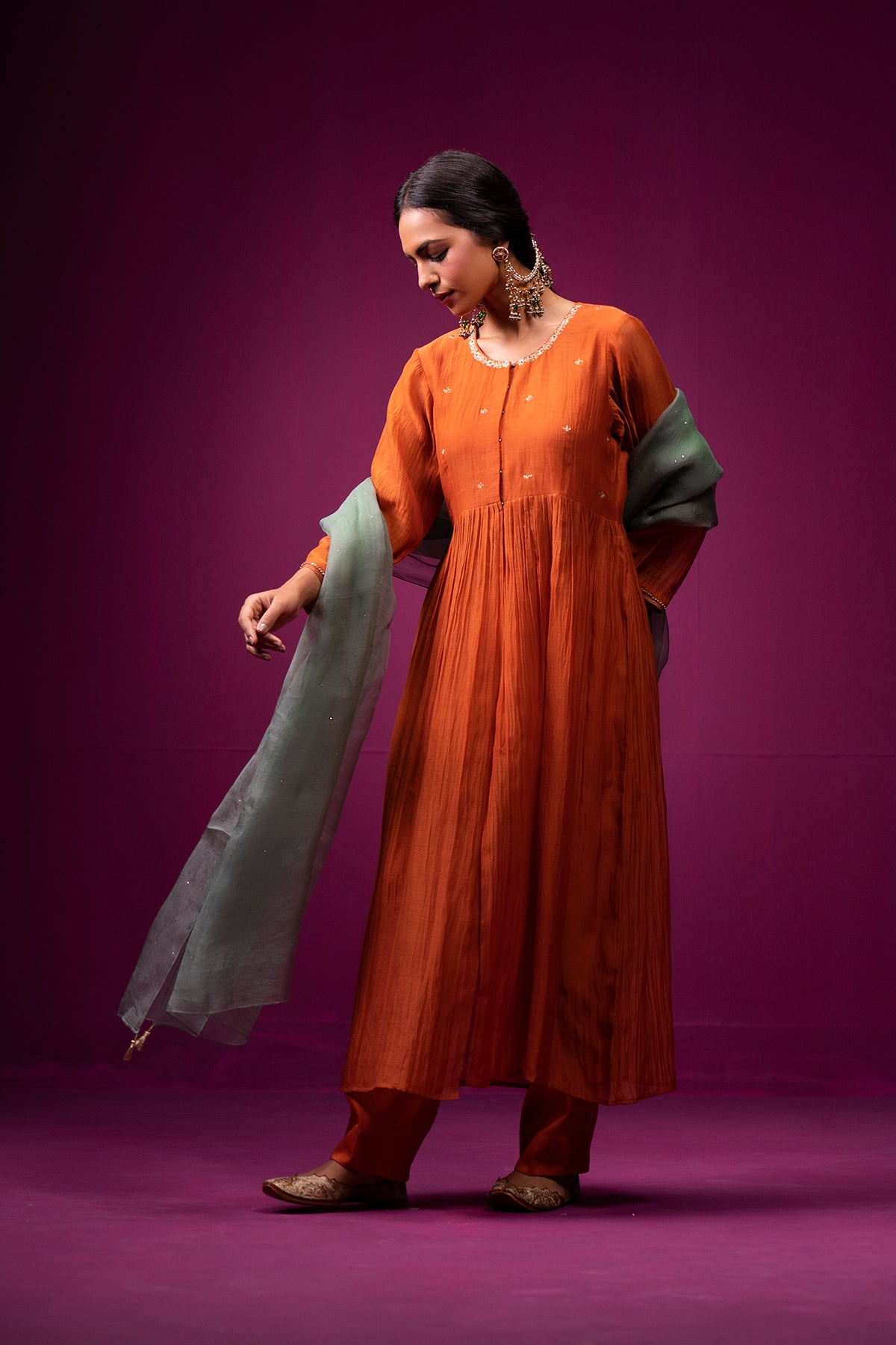 Burnt Orange Open Front Yoke Raas Kurta Set