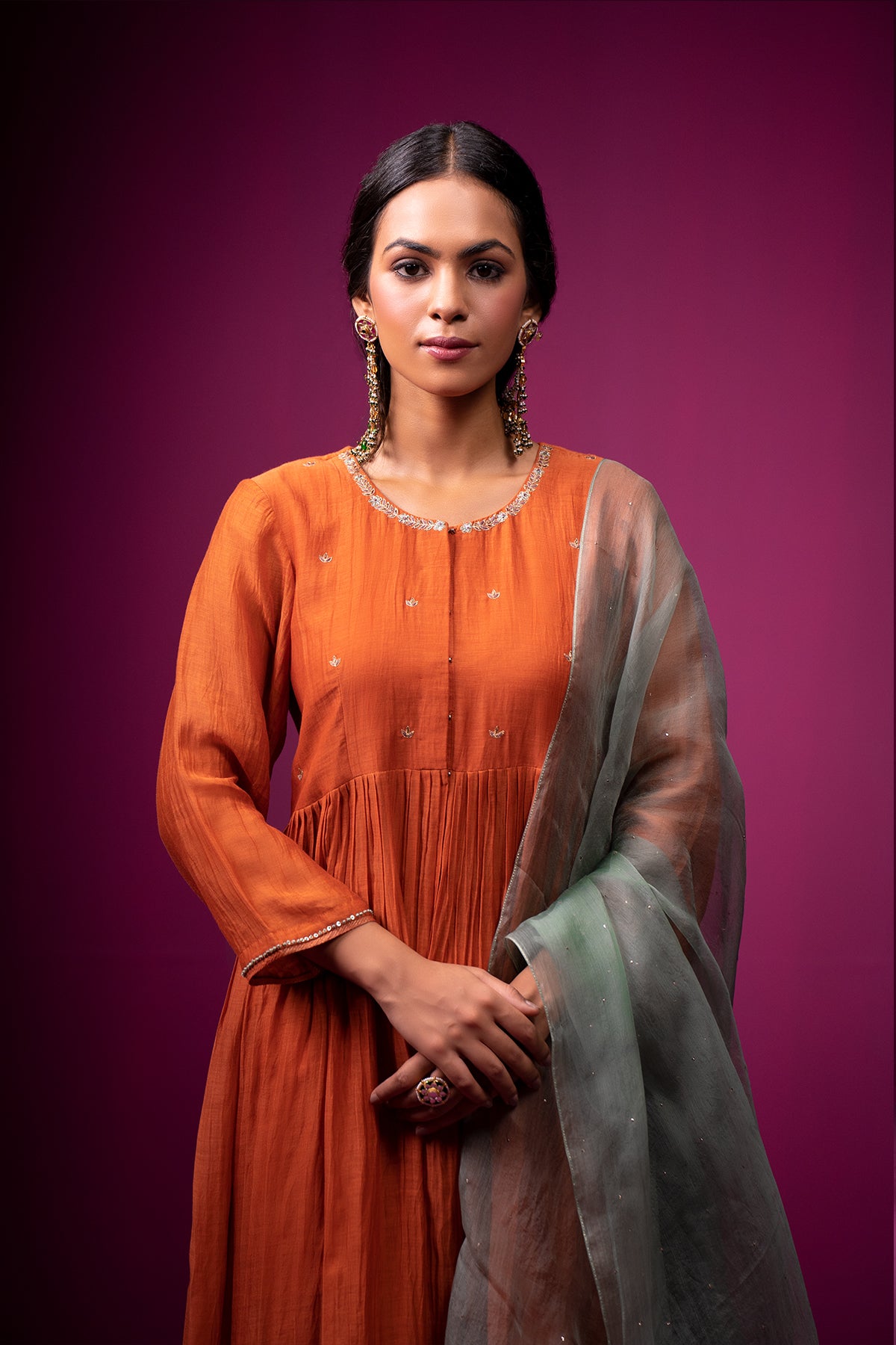 Burnt Orange Open Front Yoke Raas Kurta Set
