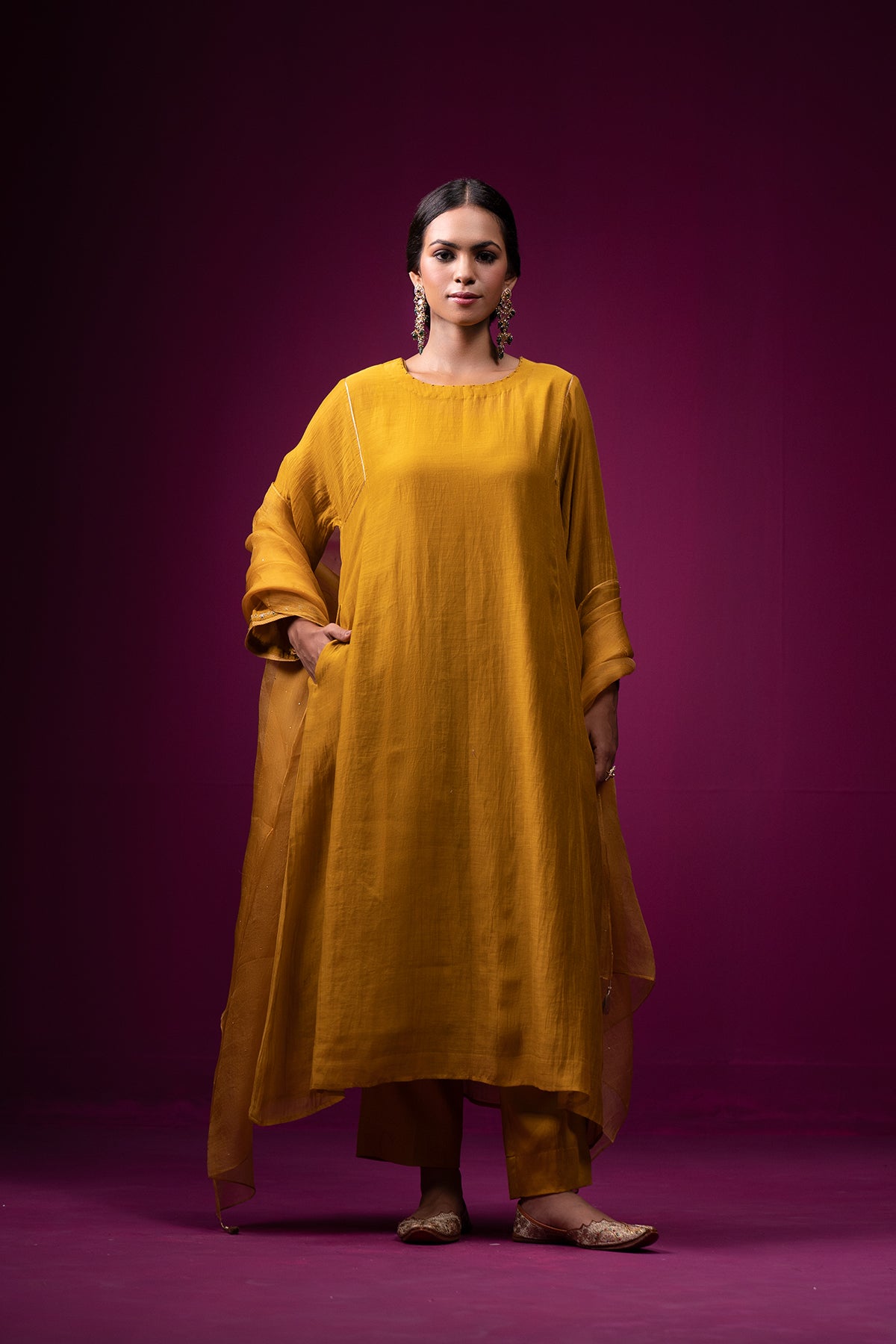 Yellow Hand Embroidered Raas Kaftan Set