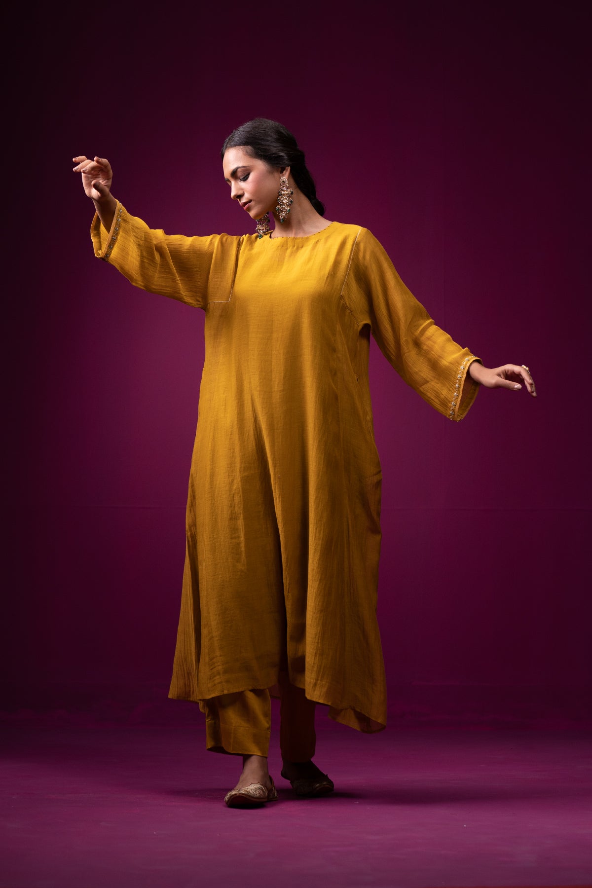 Yellow Hand Embroidered Raas Kaftan Set