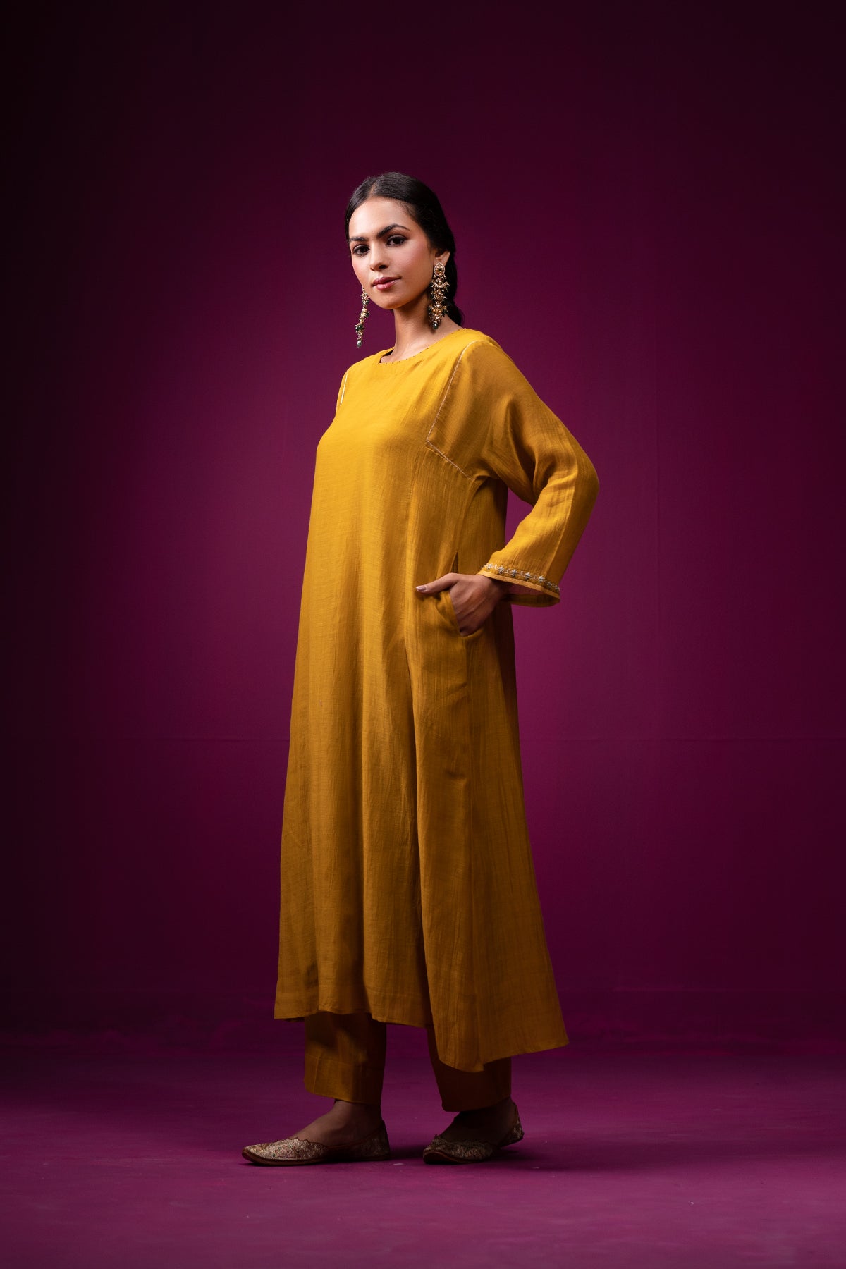 Yellow Hand Embroidered Raas Kaftan Set