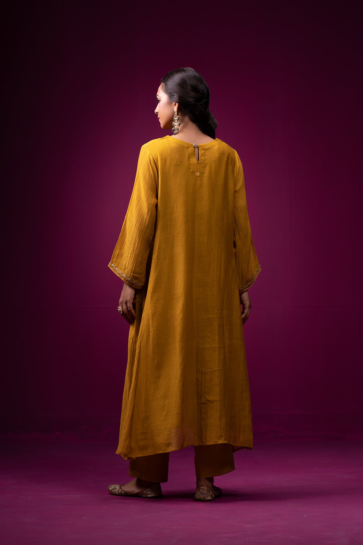Yellow Hand Embroidered Raas Kaftan Set