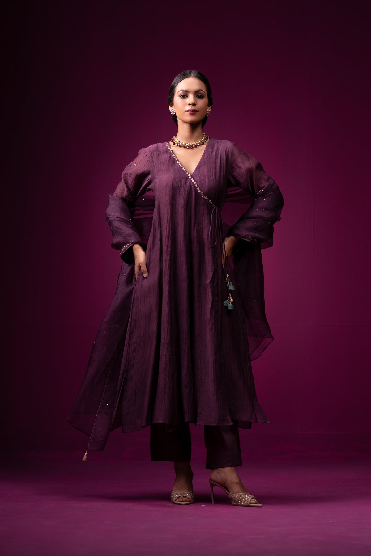 Deep Plum Embroidered Angrakha Raas Kurta Set