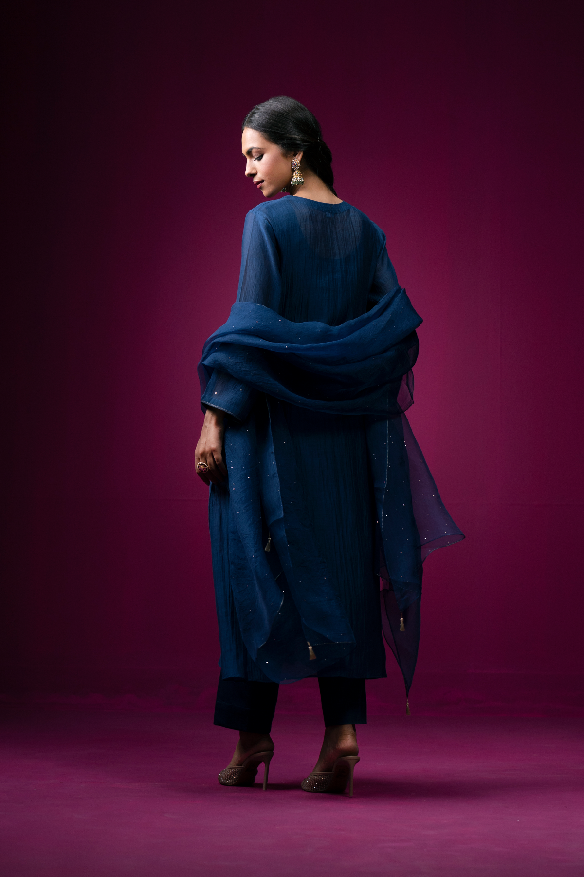 Navy Blue Embrodeired Front Gather Raas Kurta Set