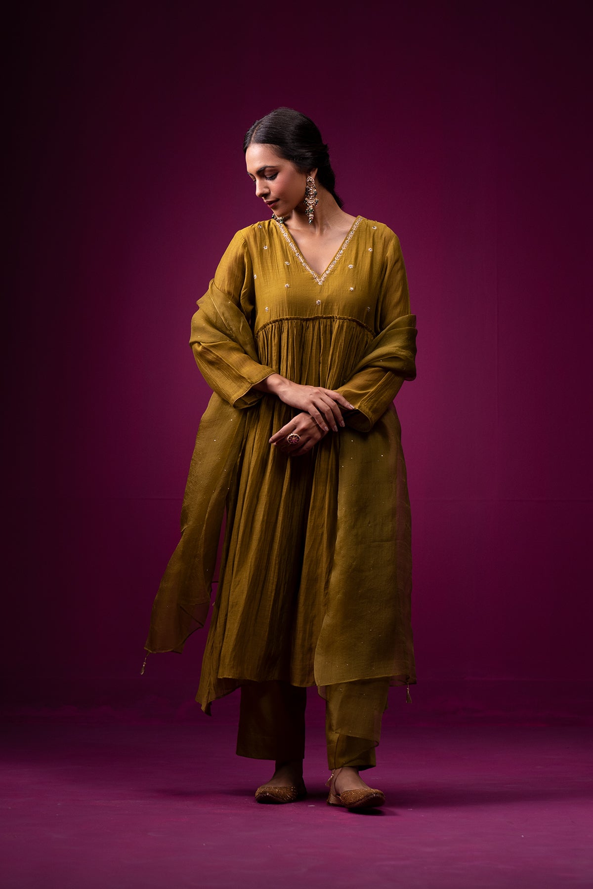 Olive Green Embroidered Front Gather Raas Kurta Set
