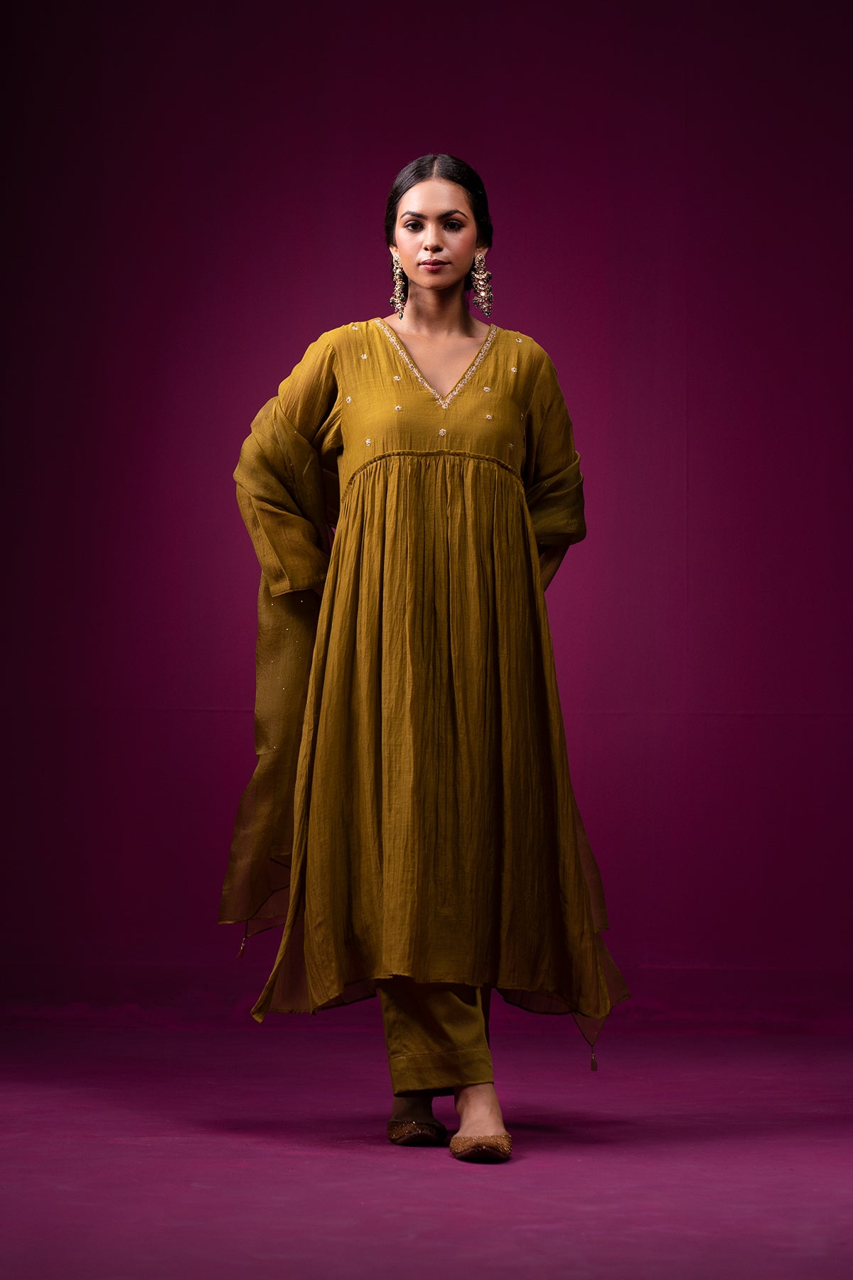 Olive Green Embroidered Front Gather Raas Kurta Set