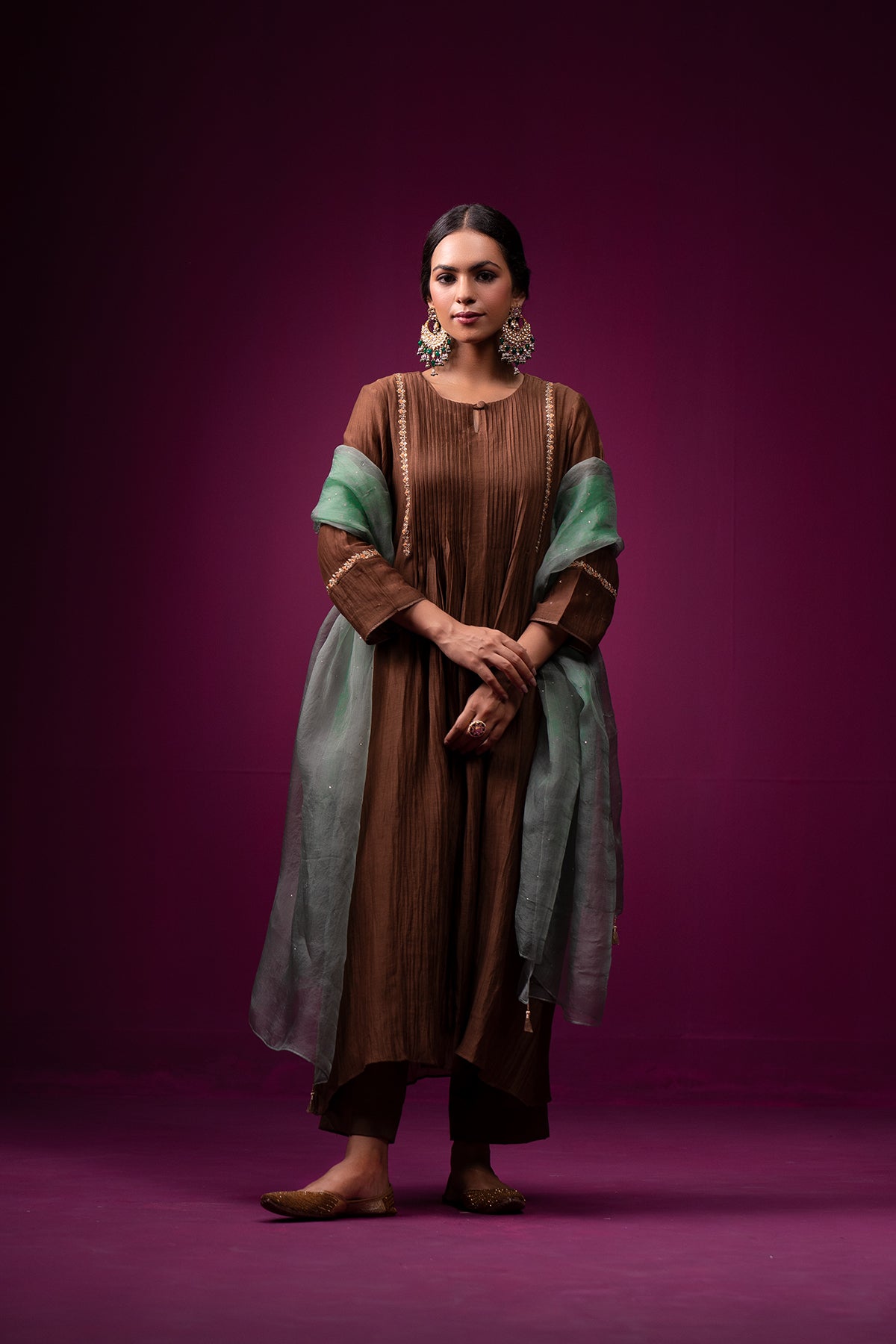 Brown Embrodeired Front Gather Raas Kurta Set