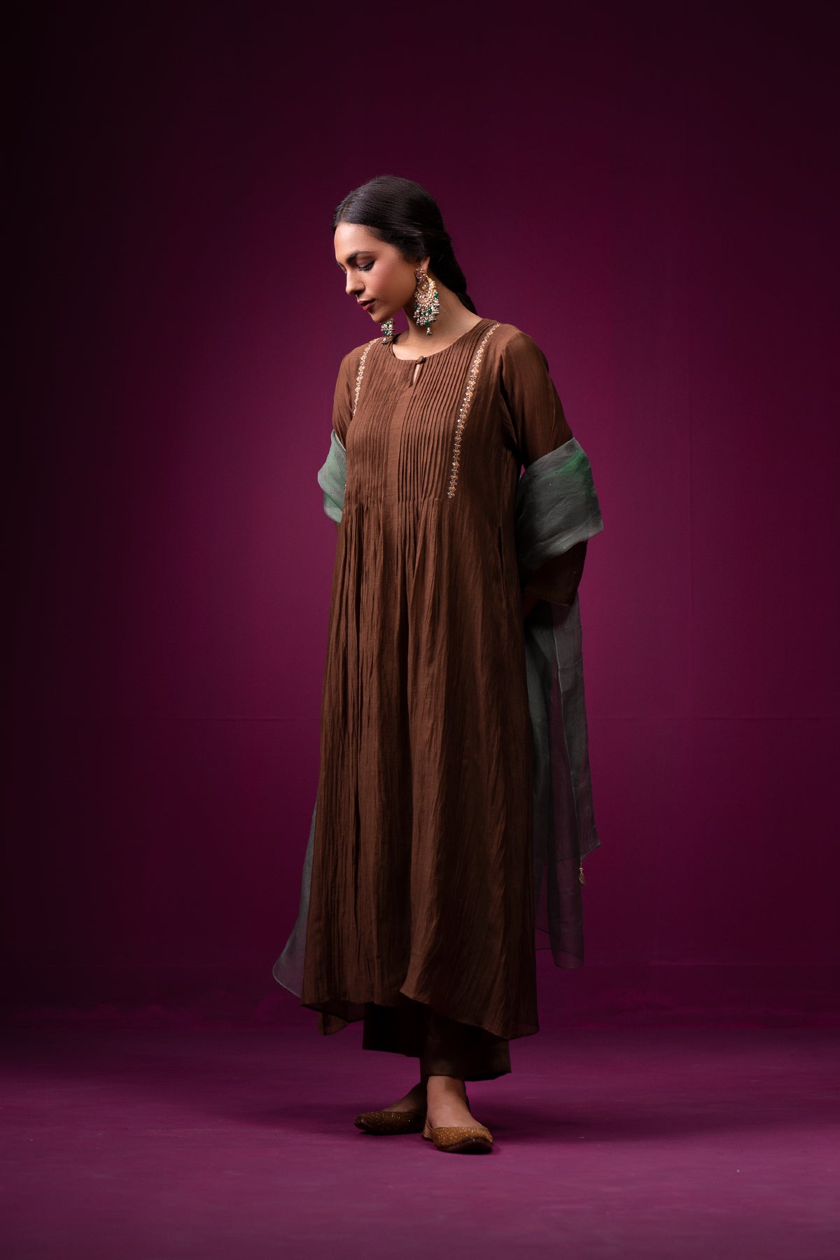 Brown Embrodeired Front Gather Raas Kurta Set