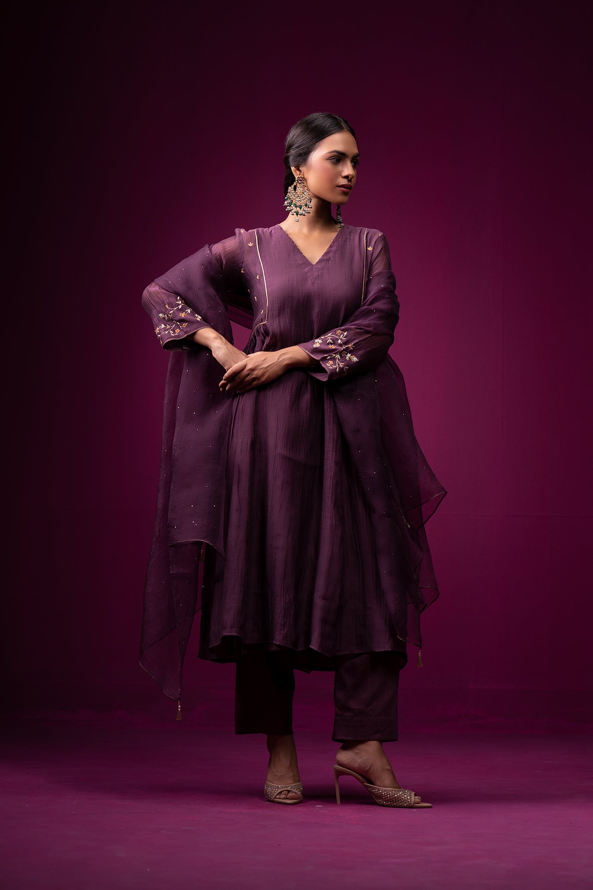 Deep Plum Embrodeired  Sleeves Raas Kurta Set