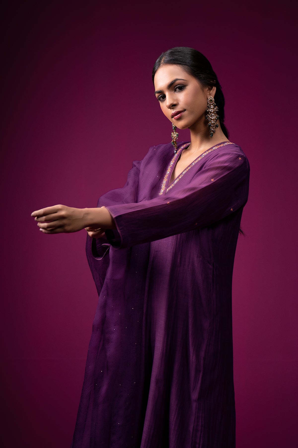 Deep Plum Embroidered V-Neck Raas Kurta Set