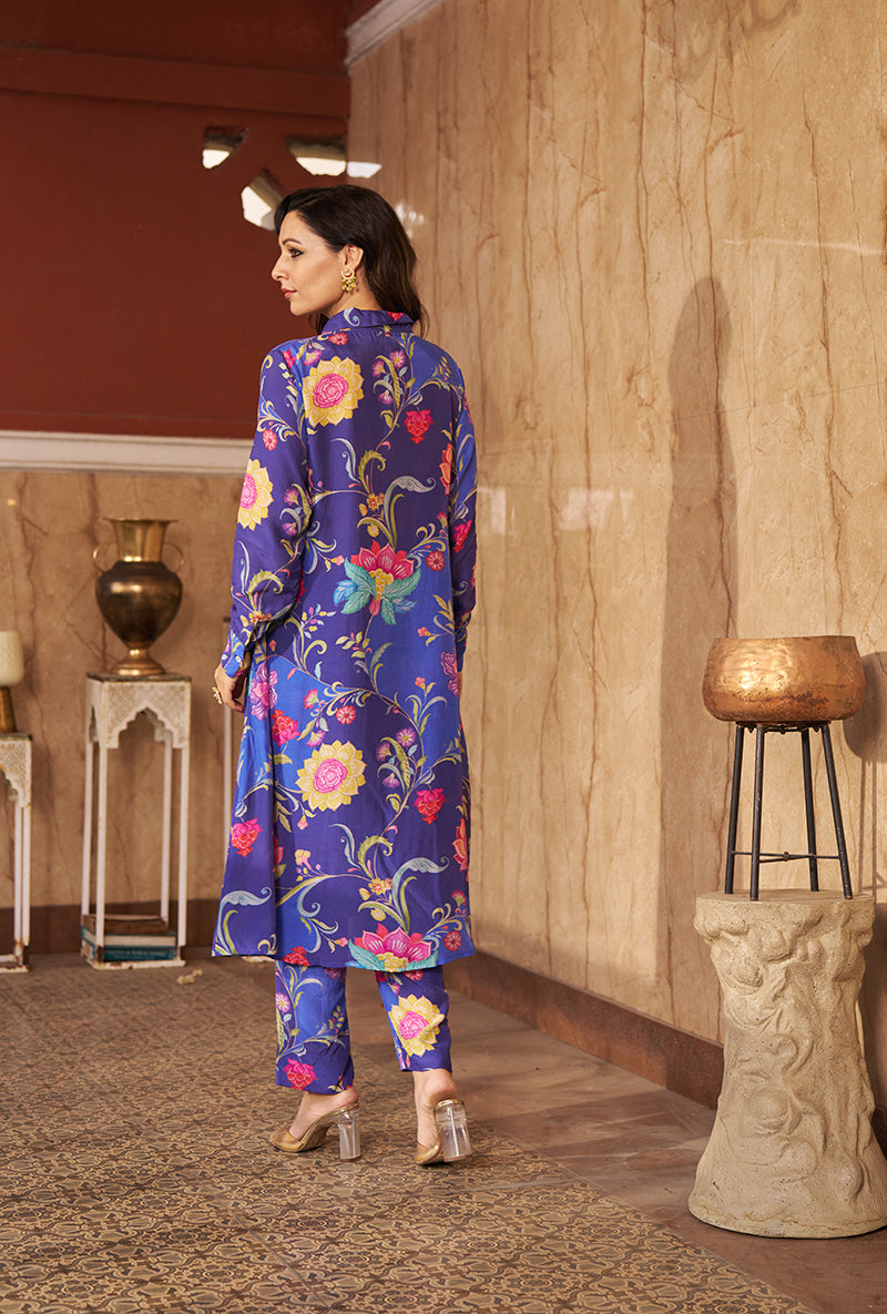 Blue All Over Print Collar Style Roza Kurta Set